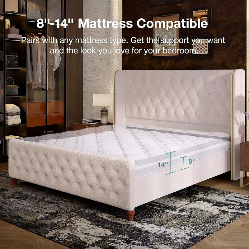 Novilla King Size Bed Frame, King Bed Frame and Headboard, Sea-Lion Velvet Upholstered Tall King Bed Frame with Wingback and Footboard, Button Tufted/No Box Spring Needed/Heavy Duty Feet/Cream image 5