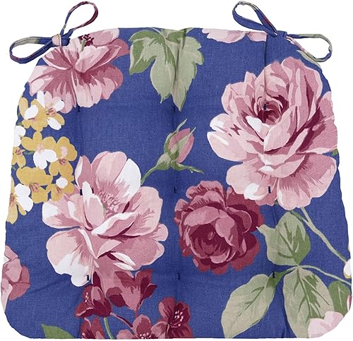 Barnett Home Decor Almohadillas para sillas de comedor con lazos, tamaño pequeño de 15 x 17 pulgadas, diseño floral azul, cojines para sillas