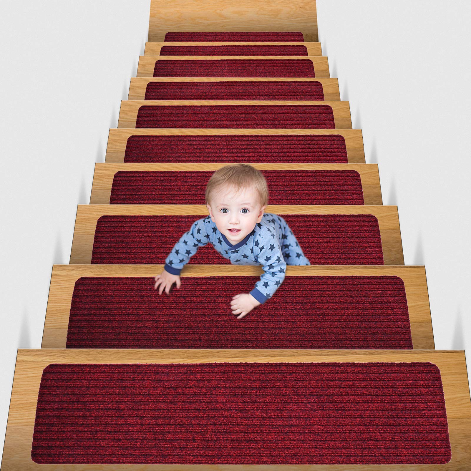 MBIGM 8" X 30" (15 in Pack) Non-Slip Carpet Stair Treads Non-Skid Safety Rug Slip Resistant Indoor Runner for Kids Elders and Pets with Reusable Adhesive,Machine Washable,RED