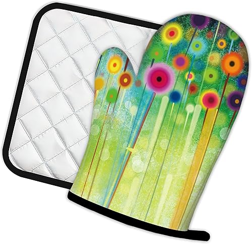 Miniatura 2 de Guantes de cocina abstractos florales para pintura de flores, guantes de cocina y soportes para ollas de cocina, juego de 2 piezas, almohadilla