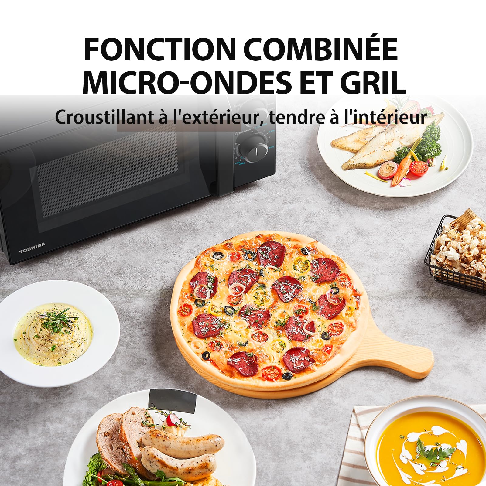 Toshiba Four à micro-ondes 20 L MW2-MG20P(BK), 700 W/1000W Grill, avec Grill Croustillant et Fonction de Cuisson Combinée, 9 Niveaux de Puissance, Ampoule LED, Dégivrage facile, Noir