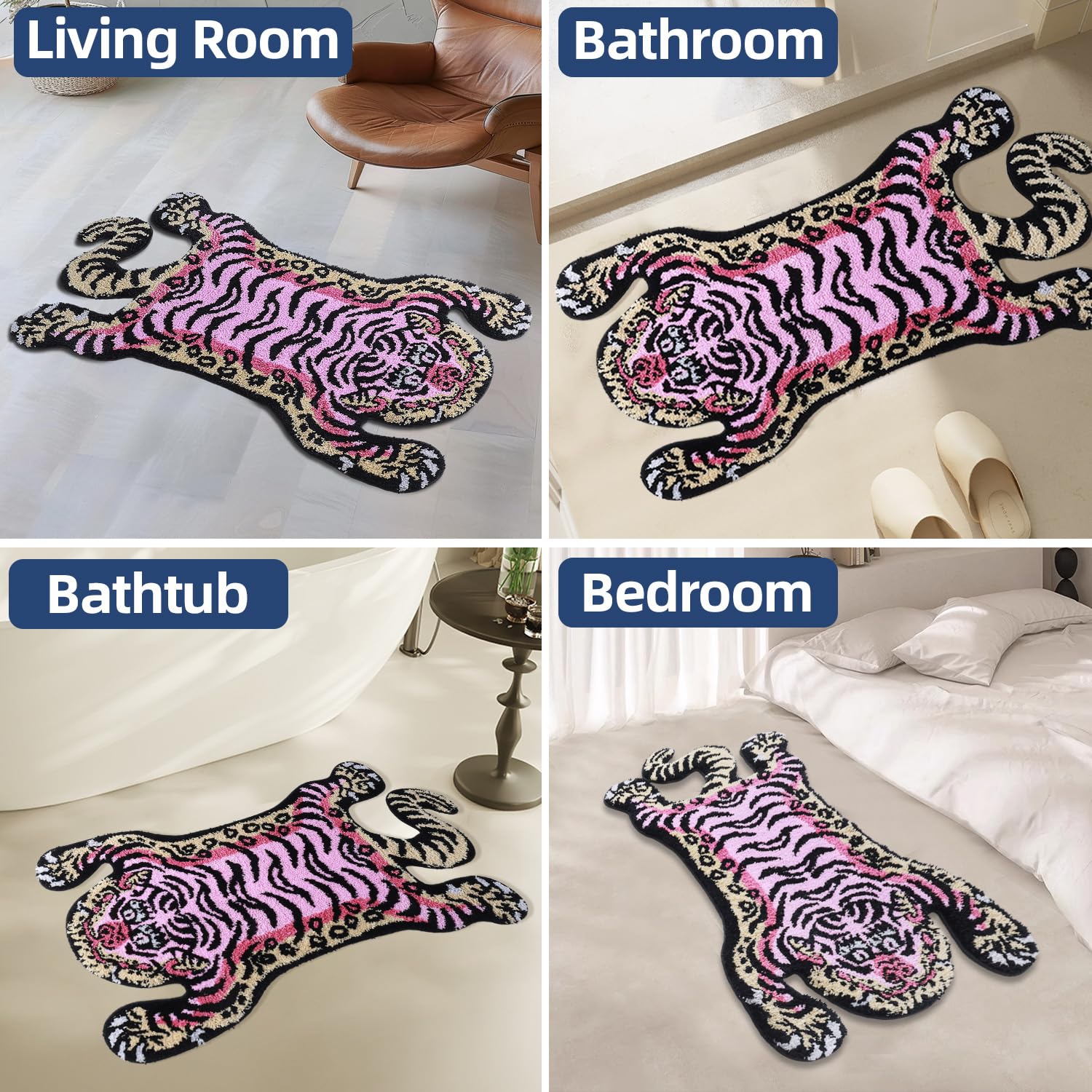 COMBLUE Tappeto da bagno con tigre, 101 x 61 cm, extra morbido e assorbente, in microfibra, motivo stravagante, antiscivolo, per camera da letto e soggiorno, lavabile in lavatrice, rosa