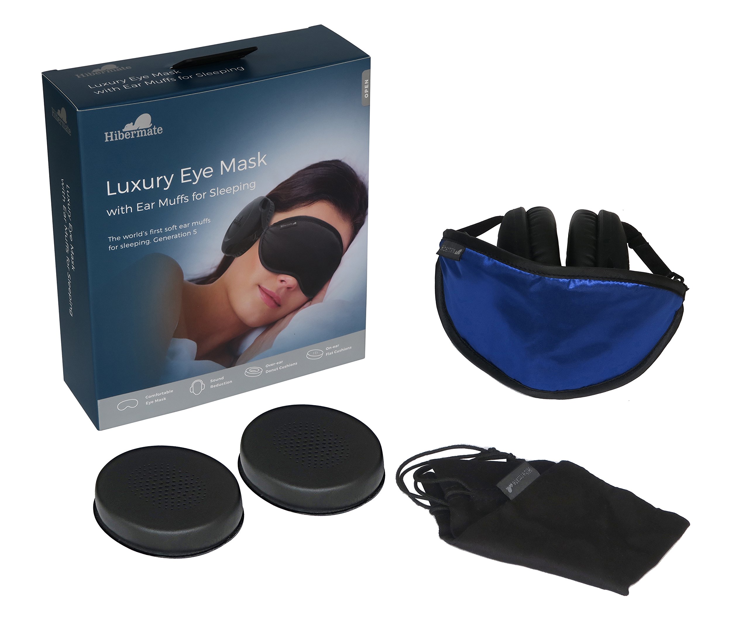 New 2017 Hibermate Sleep Mask with Ear Muffs for Sleeping. Soft & Luxurious Mask, Satin Exterior, Removable Ear Cups Reduce Noise by Approx 15-20db Nrr. (New 2017 Gen 5 Dark Navy)