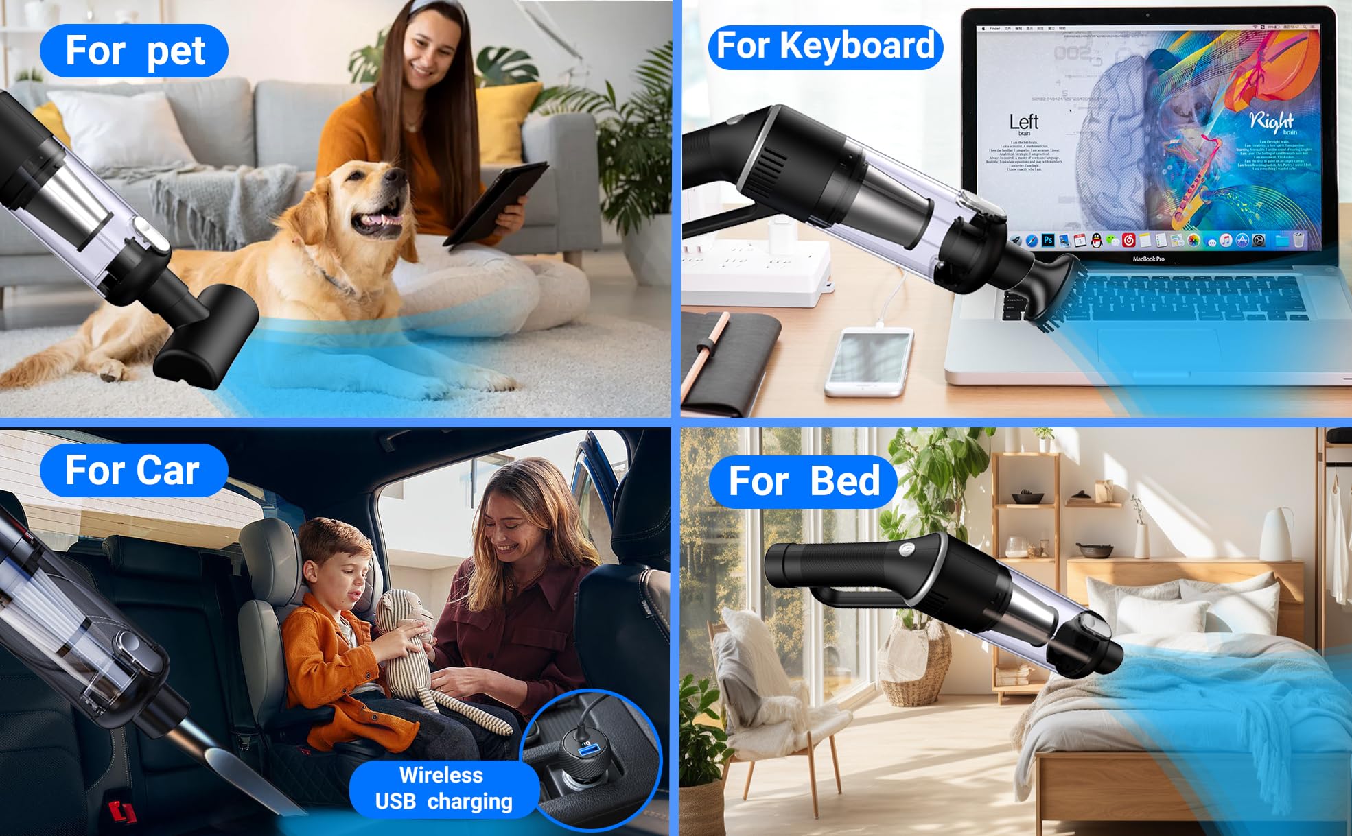 Aspirador de Mano Potente 16000PA, Aspiradora de Coche Sin Cable, Mini Aspiradora Portátil Recargable de Mano Inalámbrica con Filtro HEPA, Autonomía de 25 Minutos, para sólidos y líquidos