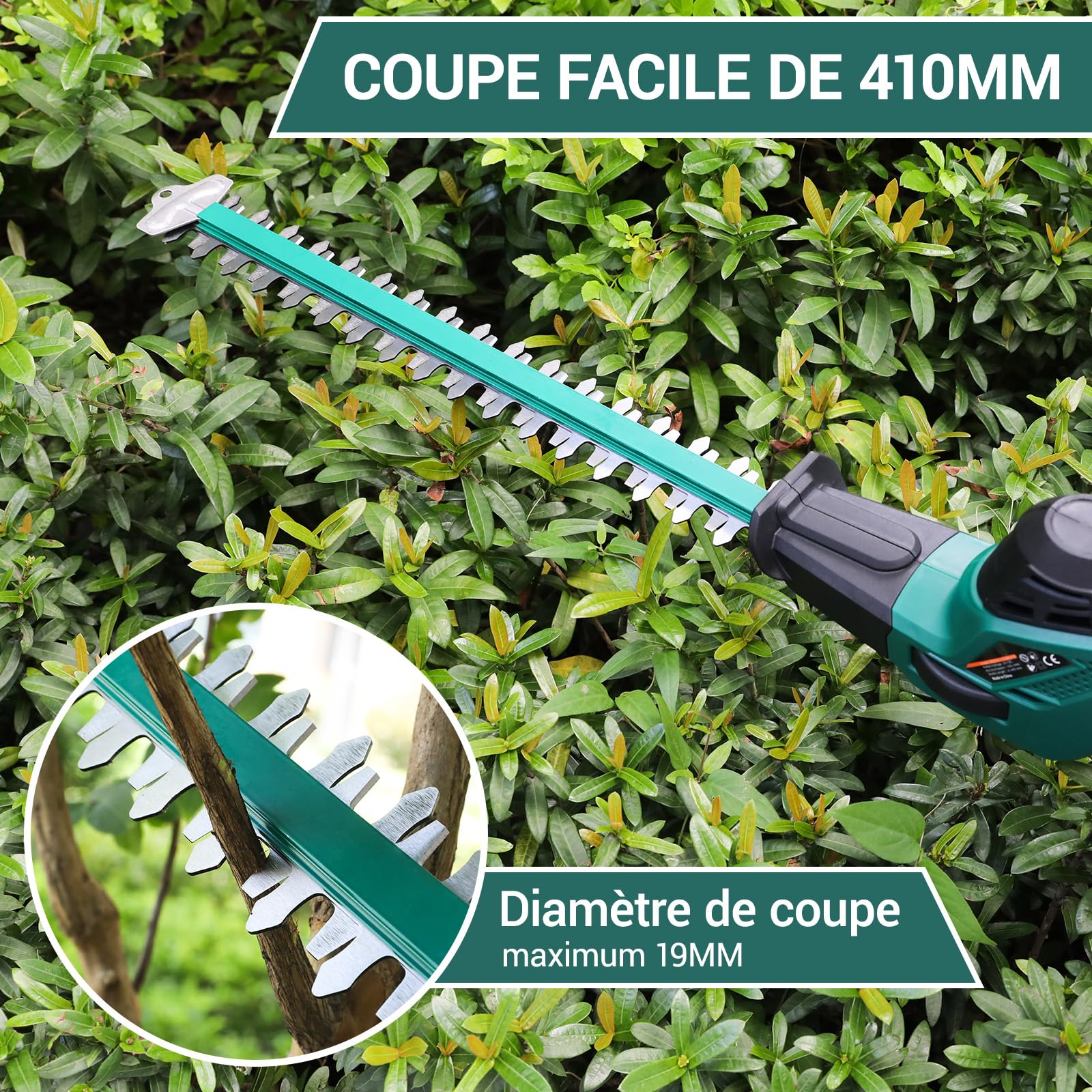 Taille-haie Télescopique sans Fil, Taille-Haies sur Perche Batterie Li-ION 20 V 4 Ah/Chargeur, Longueur de Lame 45 cm, Capacité: 15mm, Poignée Principale Orientable, Tête Inclinable, 4 m de Portée