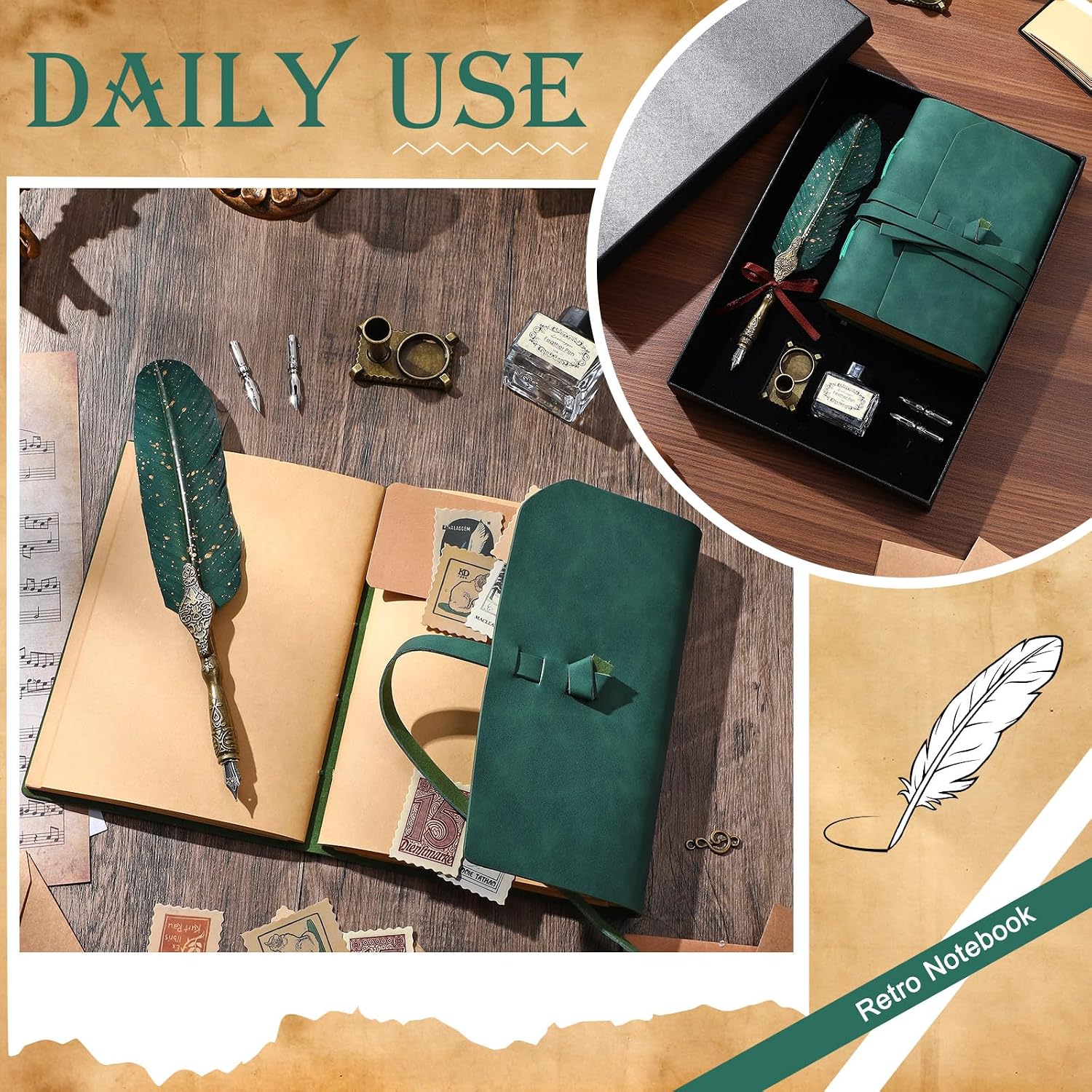Mooliwe 6pcs Feather Quill Pen and Ink Set, Leather Bound Vintage Journal Notebook Feather Pen Empty Ink Bottle Holder 2 Nibs, Antique Diary Men Women Christmas Gift(Dark Green)