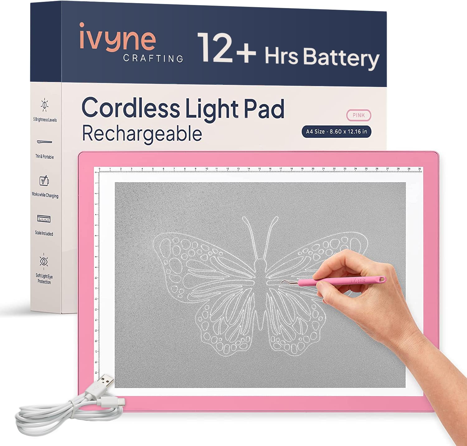 iVyne Rechargeable Led Bright Ultra-Thin Light Pad A4 Powered by Lithium Battery for Cricut Vinyl, Weeding Tool, Drawing Crafting Box / Board for Tracing, Sketching & HTV (Pink)