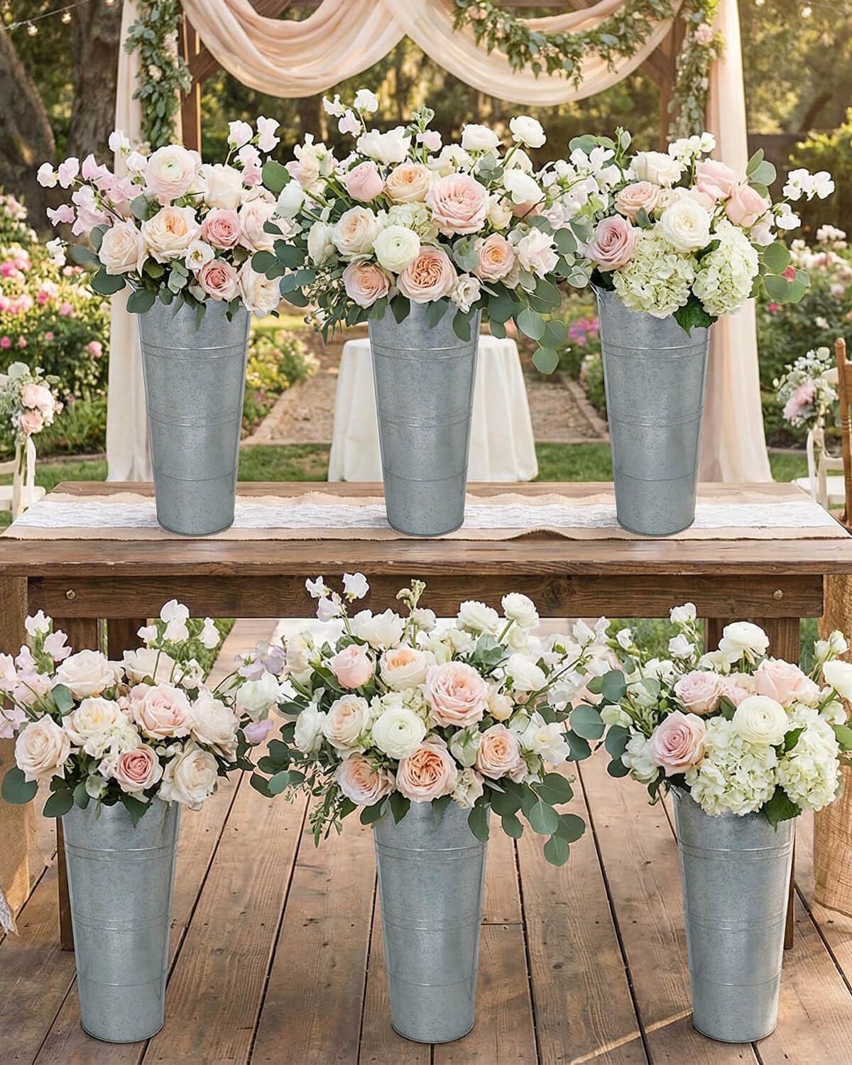 vensovo Metal Flower Bucket Vase, 15 Inch Tall Silver Rustic Farmhouse Centerpiece for Spring Home Decor & Wedding, Set of 2