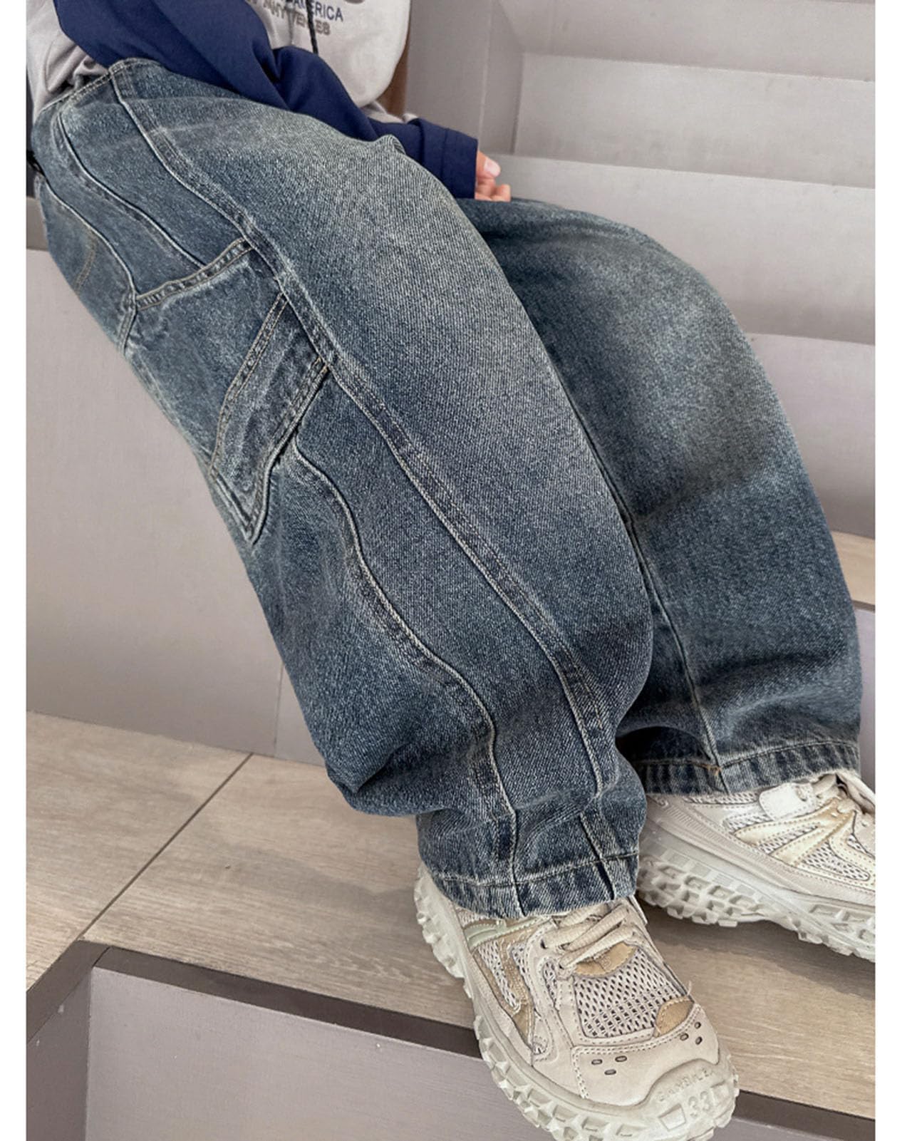 Vaquero Baggy para niños, Cintura Alta Informal, Cintura elástica, Pantalones Vaqueros de Pierna Recta