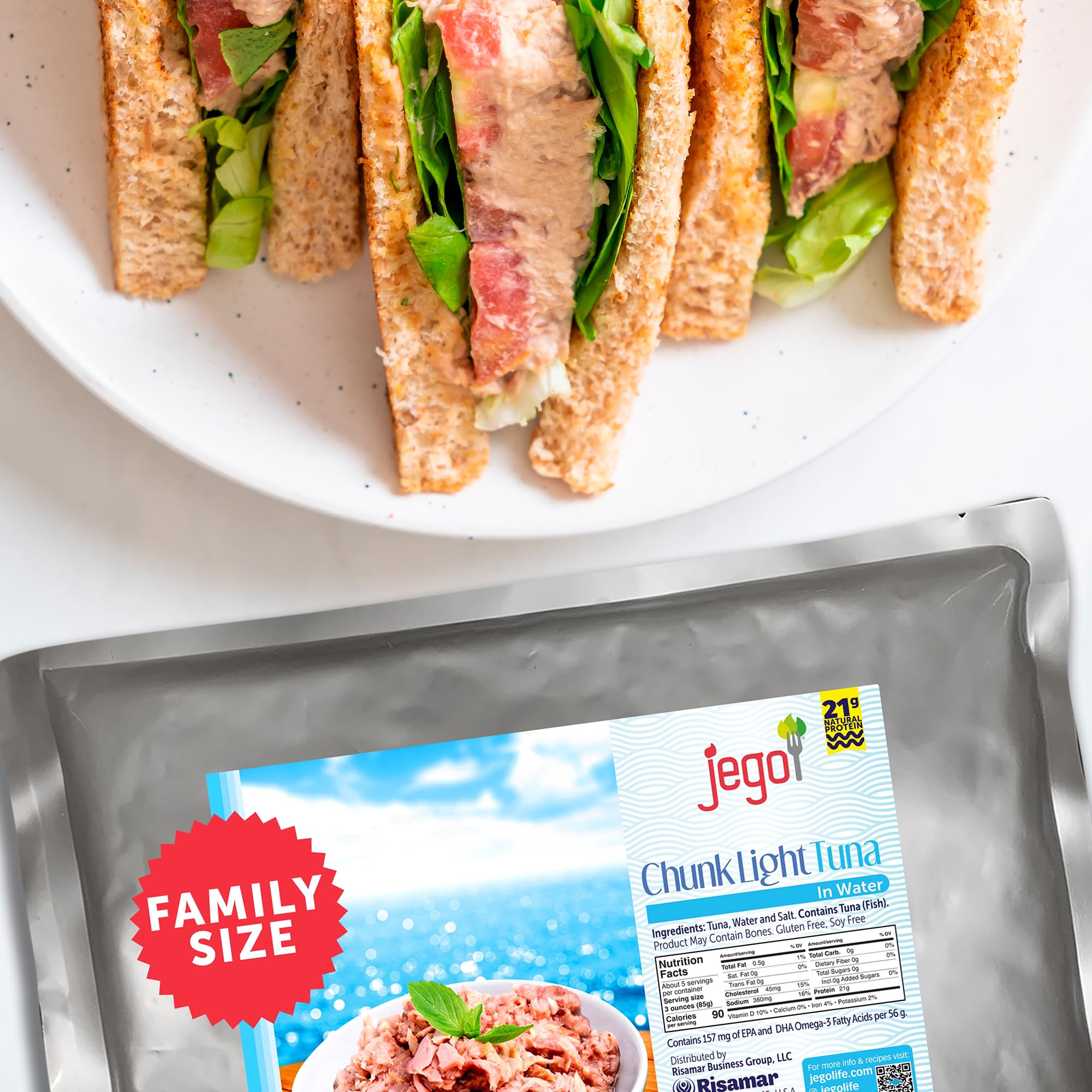 Jego Chunk Light Tuna in Water | Wild Natural Catch Tuna | Keto | Low Carb | Gluten Free | Soy Free | Ready to eat | 17.6 oz Pouch