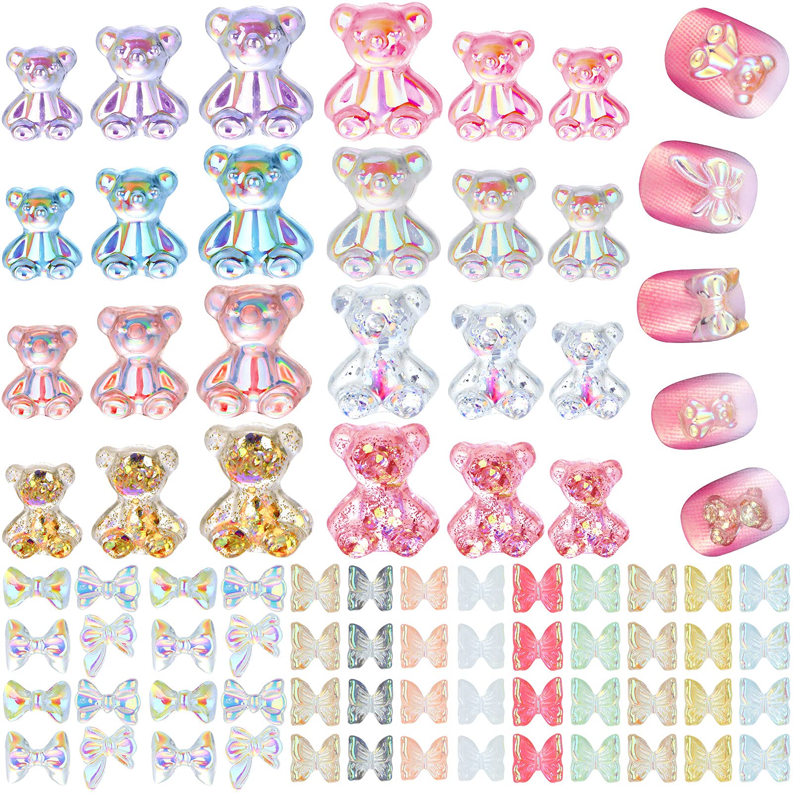130 Pieces Resin Bear Nail and 3D Acrylic Butterfly Charms for Nails in 3 Sizes Nails Accessories Cute DIY Bear Nail Colorful Butterfly Nail Design Crafting Decorations