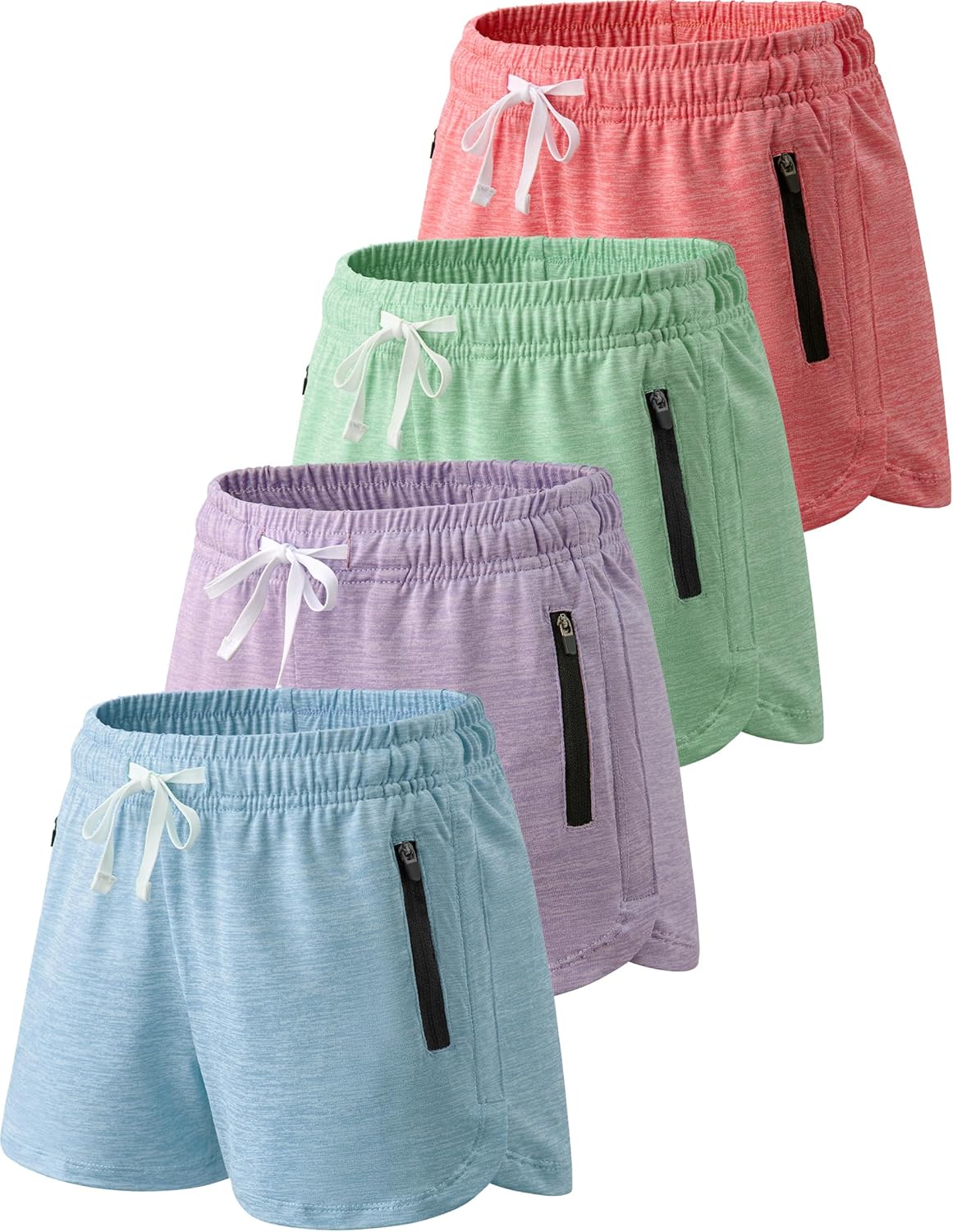 4 Pack Youth Girls Athletic Shorts 3", Girls Soccer Shorts, Kids Workout Gym Clothes Activewear Apparel with Zipper Pockets