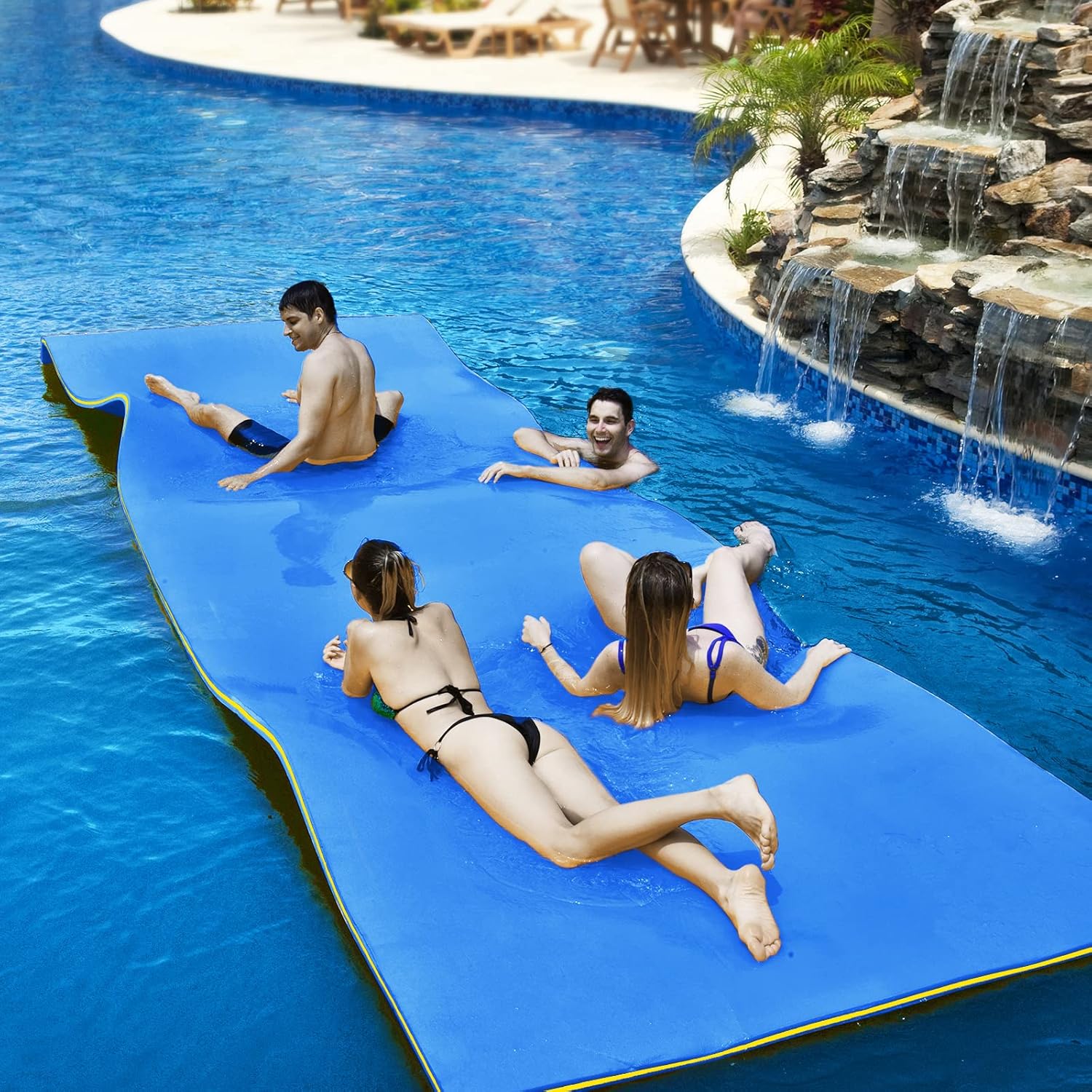 Safstar 12FT x 6FT Floating Water Mat, 3-Layer XPE Foam Floating Pad with Mooring Device & Roll-Up Straps, Floating Matt for 4-6 Person 880LBS Load, Lily Pad Floating Mat for Lake Pool