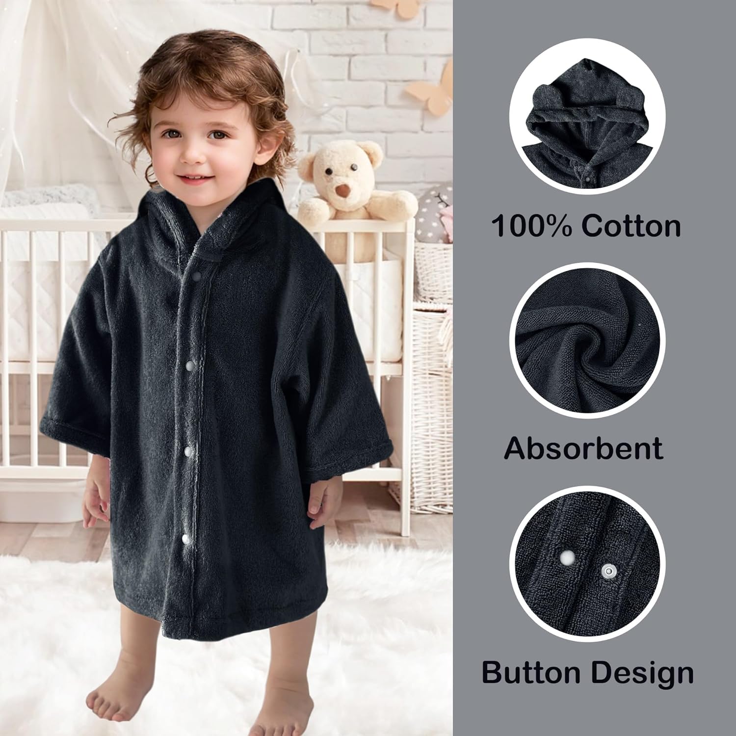 VOOVA & MOVAS Toddler Hooded Poncho Towel with Bear Ear, 0-3Years | 100% Cotton, Ultra-Soft & Absorbent | Gentle for Sensitive Skin, Bath, Pool & Beach Towel | Newborn, Navy - Image 3