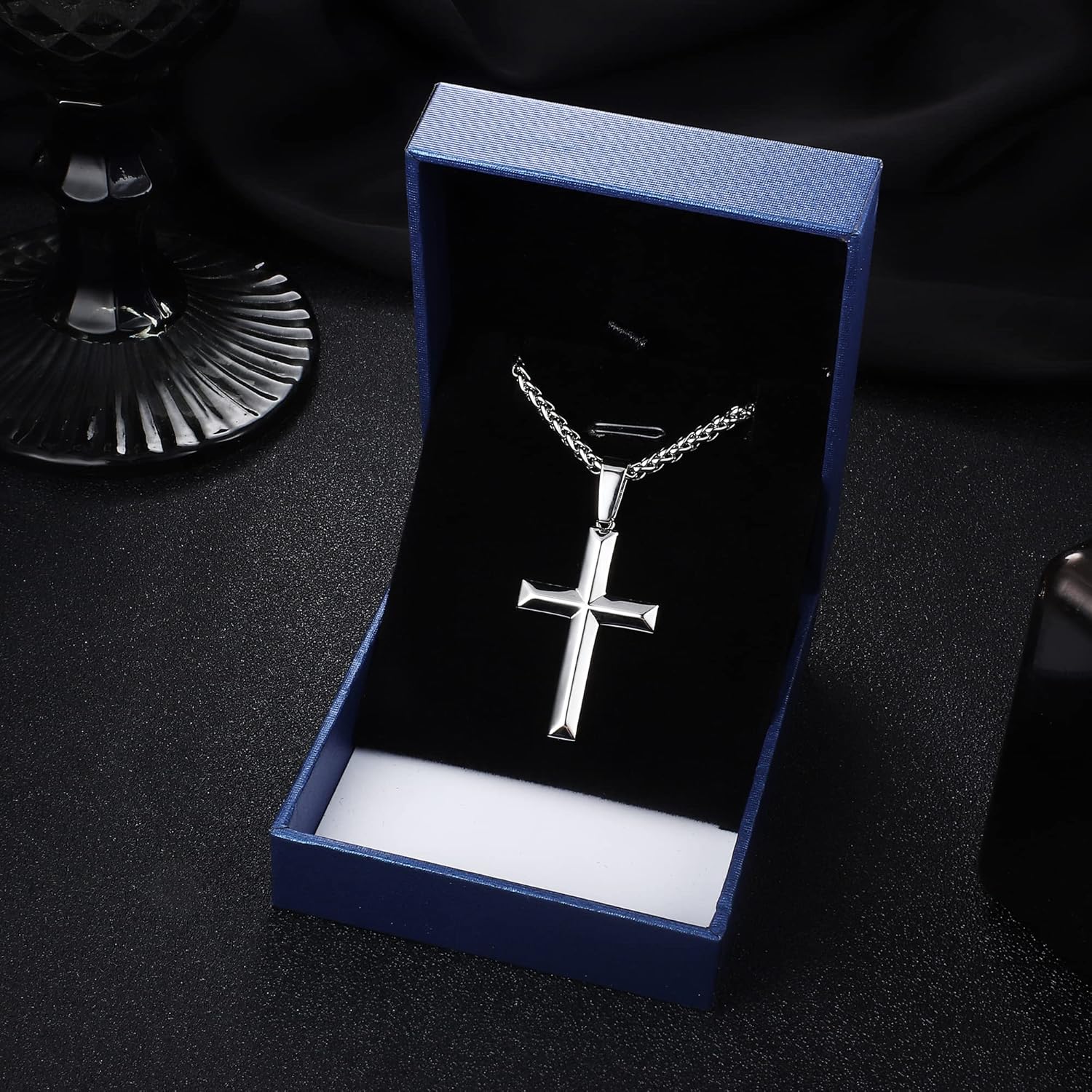 IRONBOX 925 Sterling Silver Cross Necklace for Men Women 3MM Stainless Steel Strong Durable Wheat Chain Beveled Edge Crucifix Pendant Necklace Jewelry 16-30 Inches - Image 2