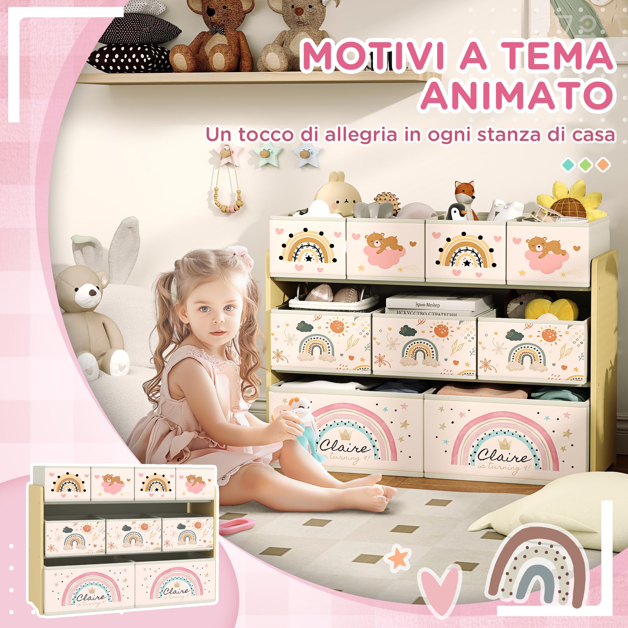 AIYAPLAY Estantería para Juguetes para Niños Organizador de Juguetes con 9 Cestas de Tela no Tejida para Guardería Sala de Juegos 93x30x70 cm Amarillo