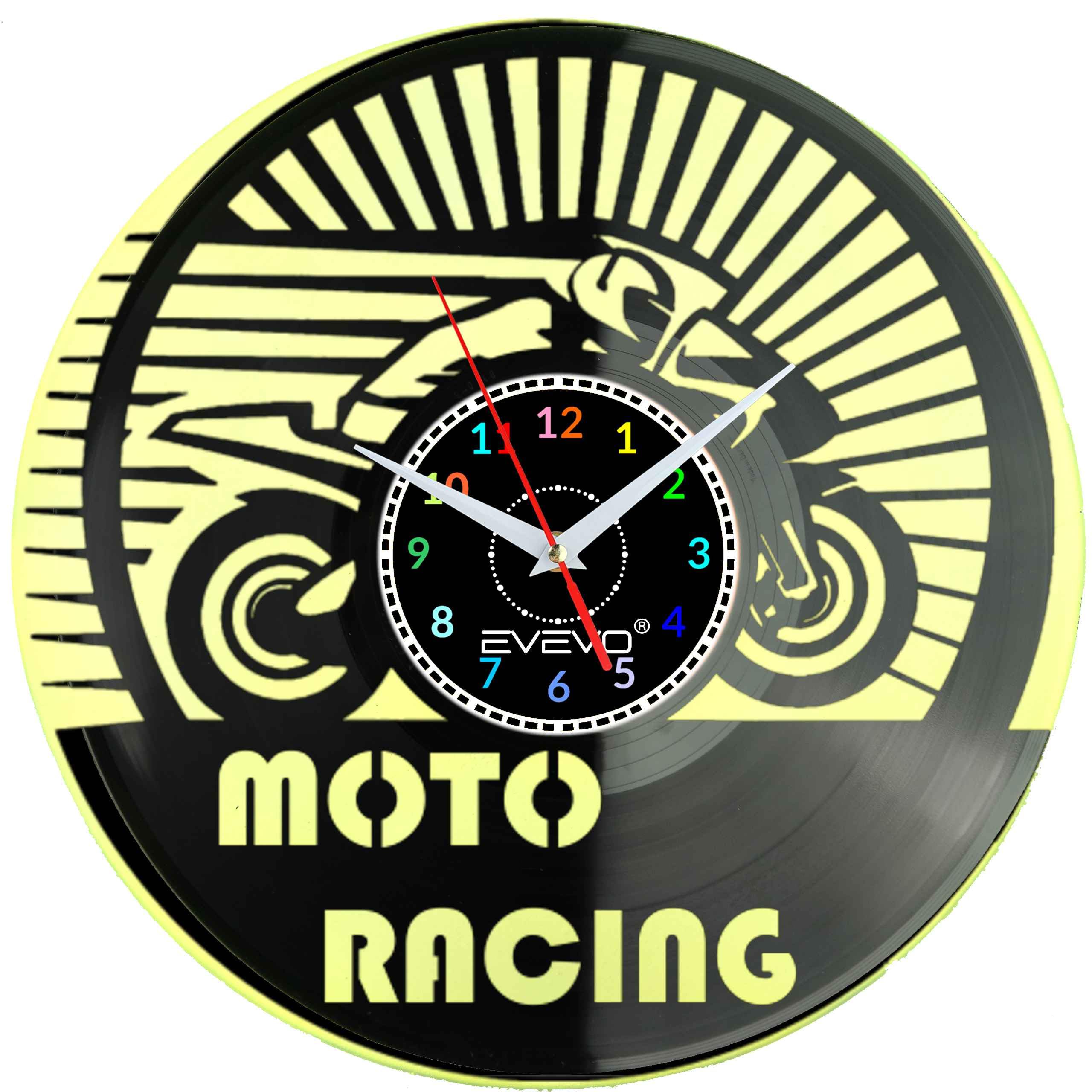 MOTOR MOTOCYKL MOTO RACEING ZEGAR ŚCIENNY FLUORESCENCYJNE TŁO PŁYTA WINYLOWA PREZENT UPOMINEK URODZINY GIFT SOUVENIR EVEVO F0055