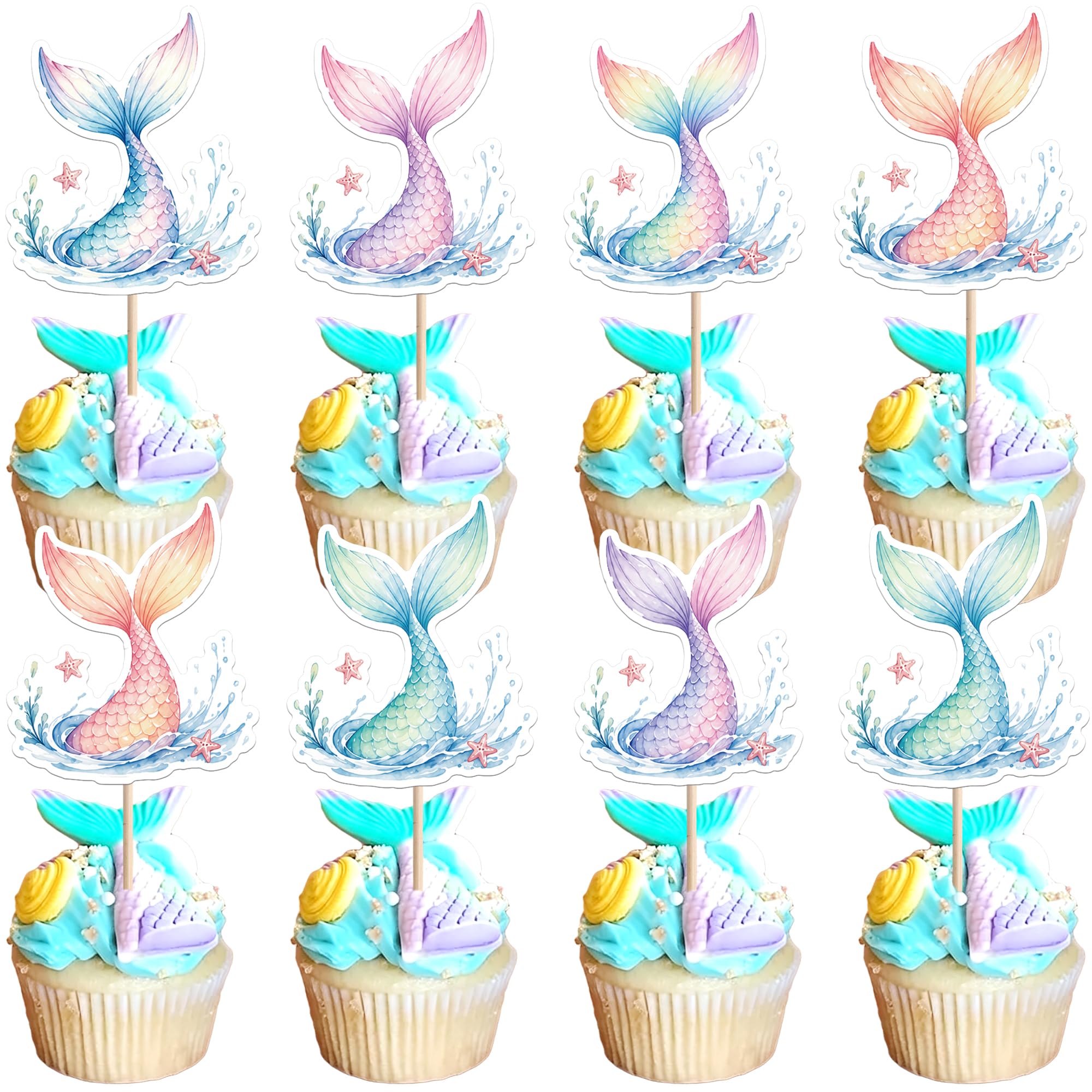 Xsstarmi 36 Pack Mermaid Cupcake Toppers Mermaid Tail Stars Waves Cupcake Picks for Under the Sea Theme Baby Shower Wedding Birthday Party Cake Decorations Supplies