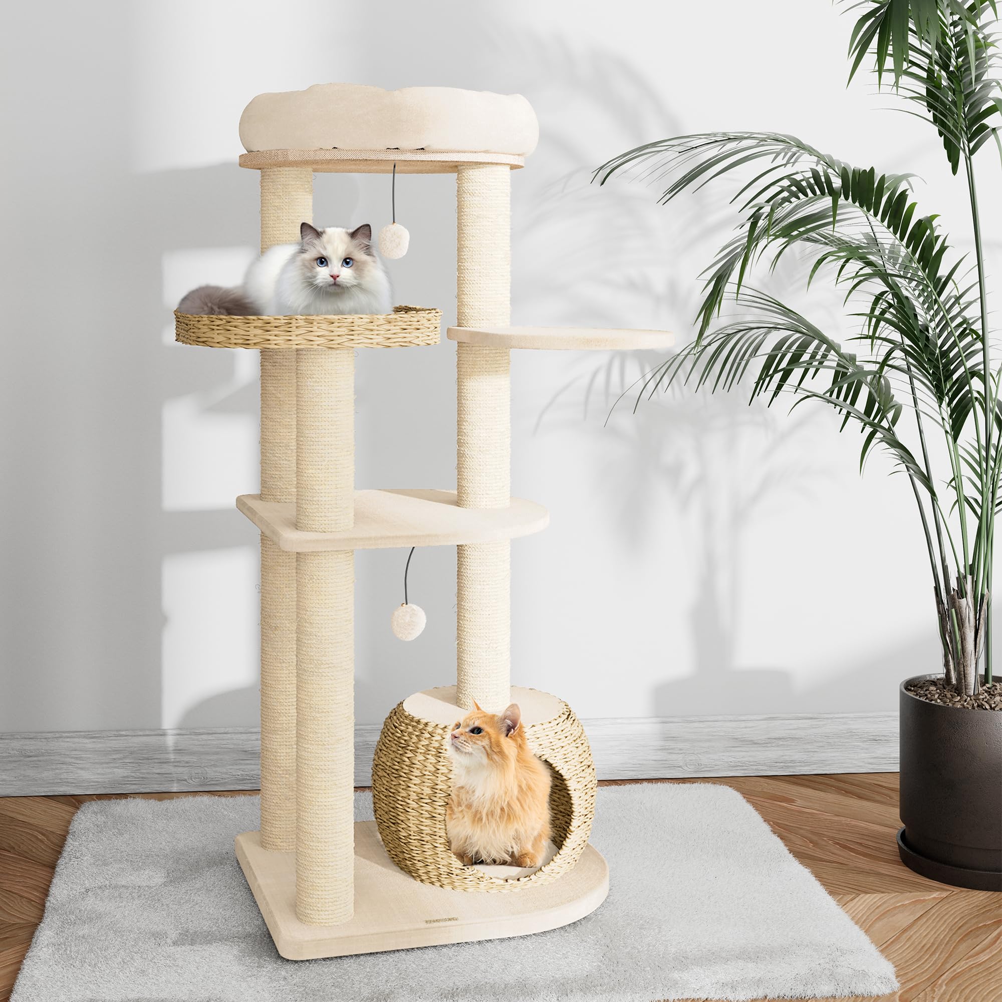 KAMABOKO Modern Cat Tree, 53" Tall Cat Trees for Indoor Cats w/Natural Sisal Scratching Posts, Hand-Woven Condo & Top Perch, Cat Tree for Kittens