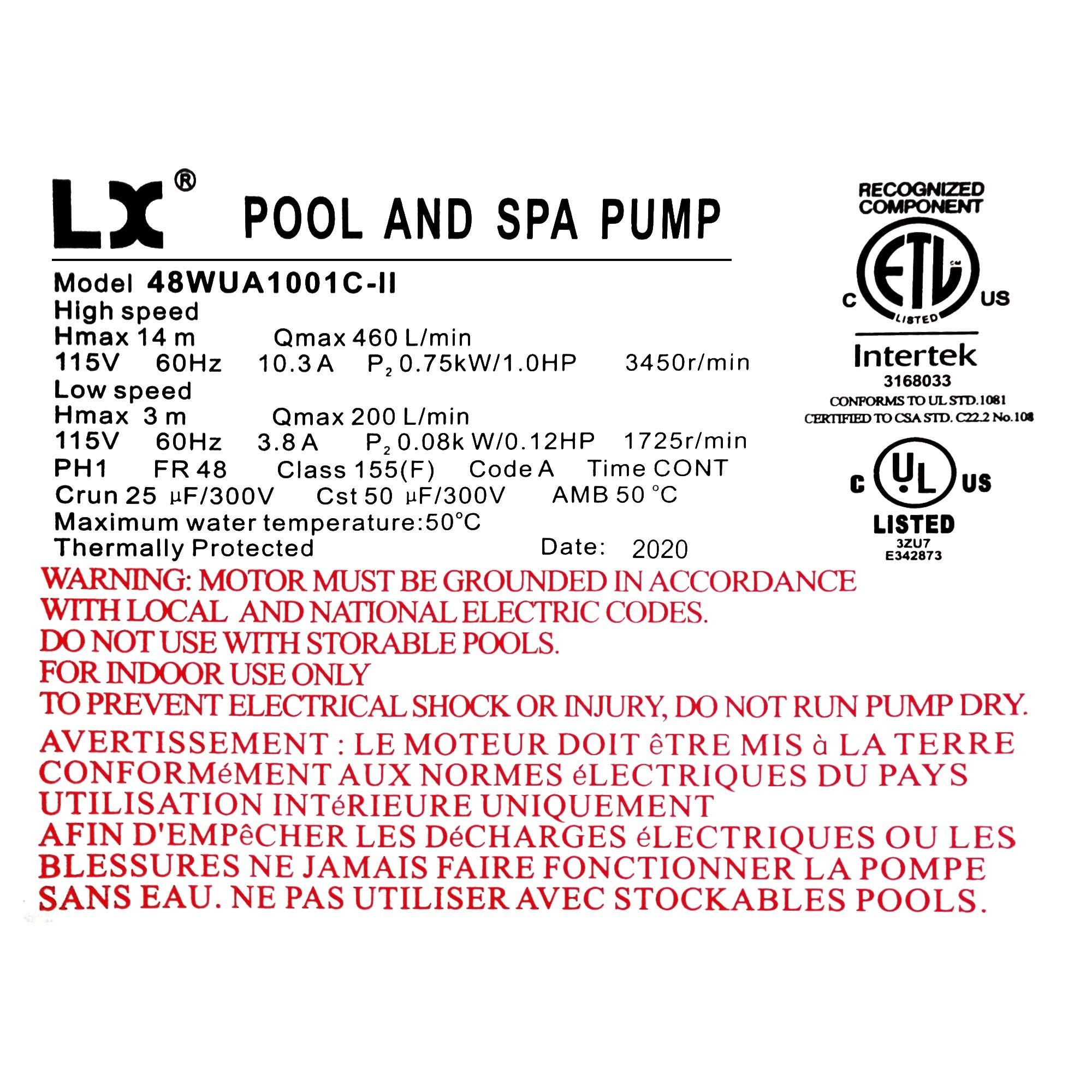 Amazon.com: KL KEY LANDER LX Pump 48WUA1001C-II 1HP 2-Speed