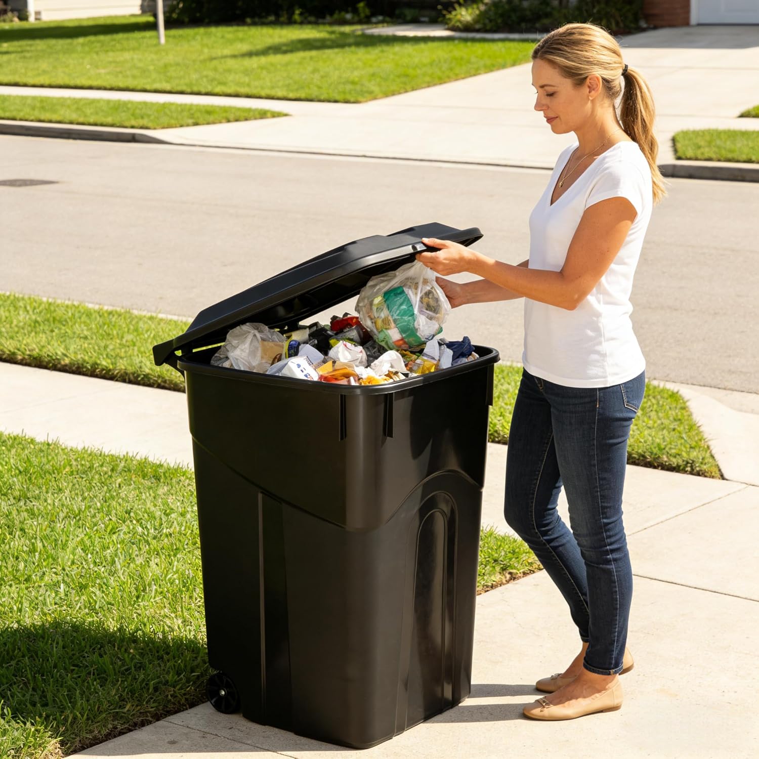 Black 45 Gallons Trash Can, Plastic Garbage Can with Lid, Outdoor Trash Can with Wheels, Outdoor & Indoor Garbage Bin for Courtyards, Gardens, Kitchens, Living Rooms, and Offices