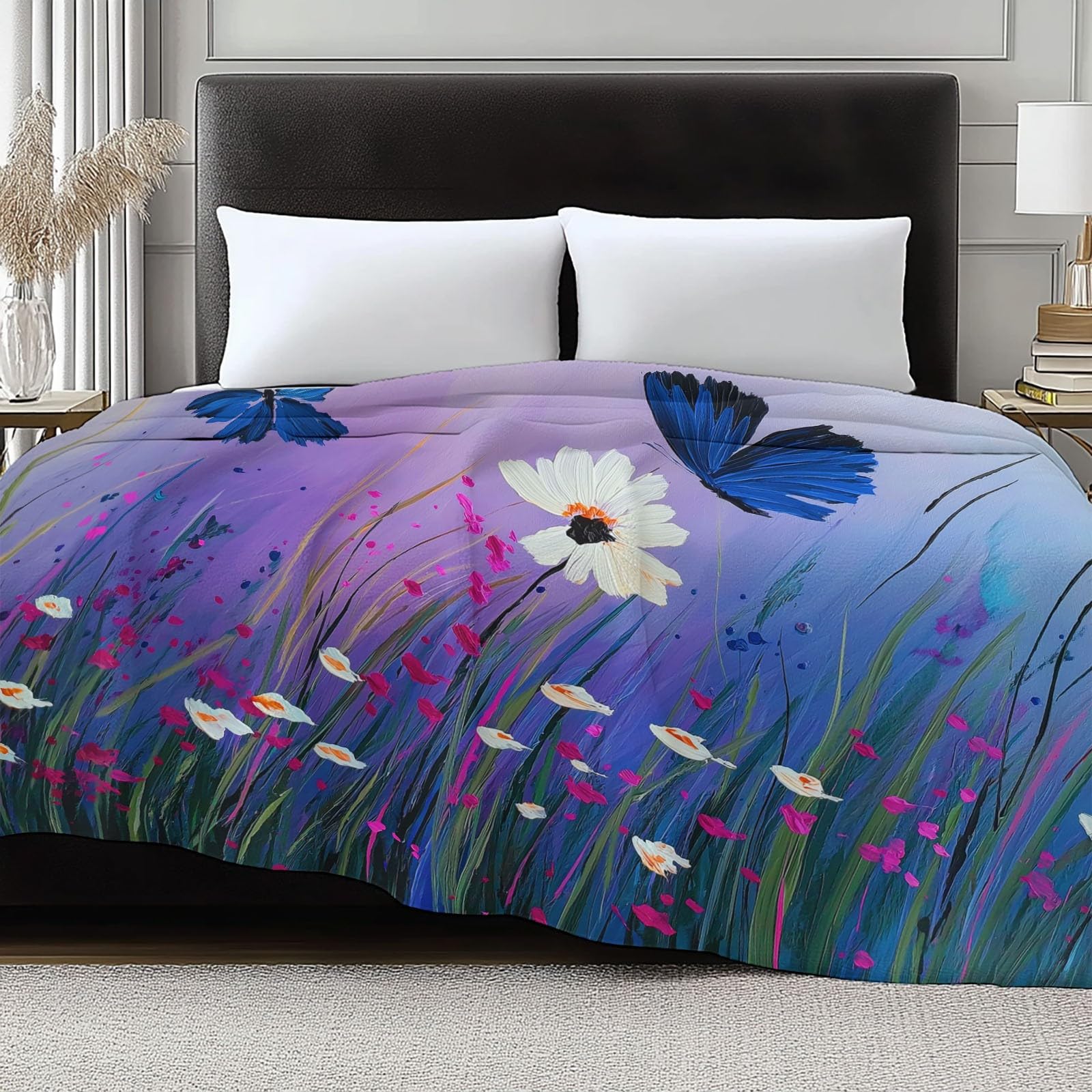 200 x 200 cm, przytulny koc w kolorze fioletowym, wiejska łąka kwiatowa, puszysty koc polarowy, koc na kanapę, puszysty koc z mikrofibry, narzuta na sofę, do sypialni, biura