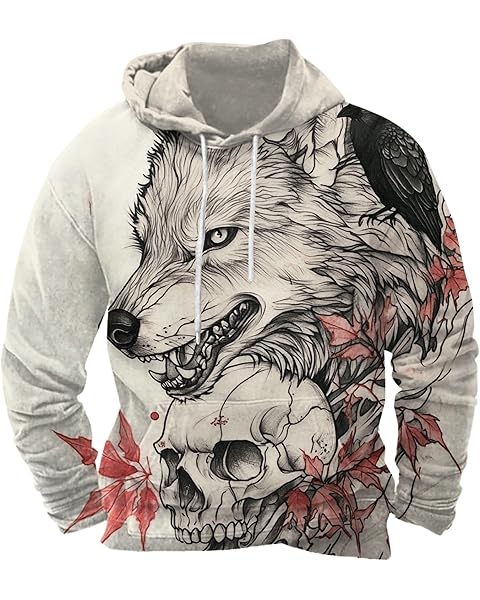 ZOCAVIA Mens Novelty Hoodies Fall Casual Long Sleeve Pullover Tops Oversized Western Retro Animal Graphic Hooded Sweatshirts