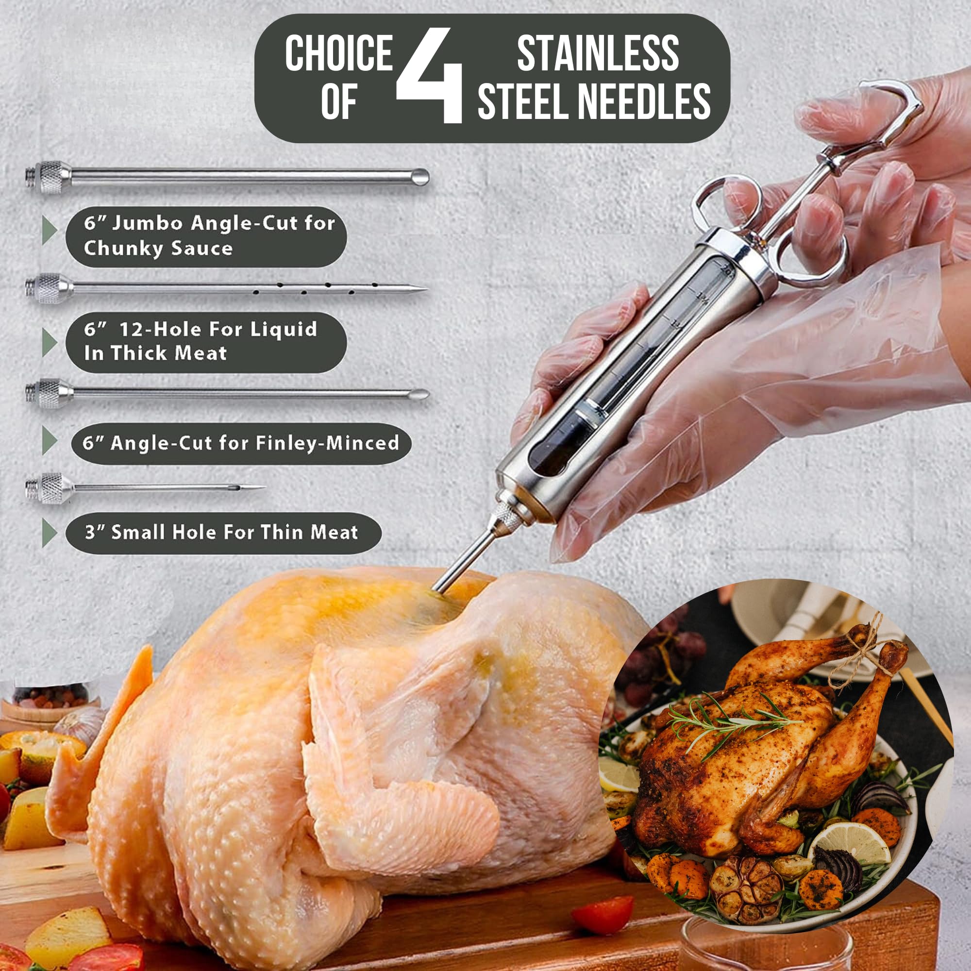 Professionelles Fleischspritzen-Set zum Räuchern und Grillen von Truthahn, Bruststück und Grill, großer Edelstahl, 57 ml Fassungsvermögen, kein Auslaufen oder Verstopfen, Fleischzerkleinerungskrallen