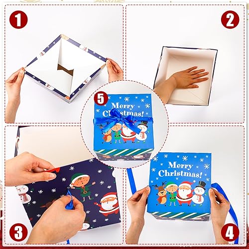 Miniatura 3 de Tenceur 8 juegos de cajas de regalo de Navidad con tapas, 3 tamaños surtidos, apilables, cajas de Navidad anidadas con lazos, caja de regalo