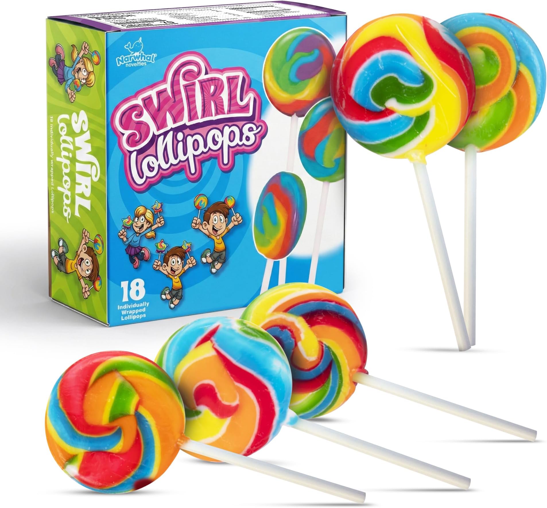Rainbow Round Lollipops Swirl 18 PCS - Bulk Swirl Lollipops Candy Suckers Treats - Swirly Lolipops Candies for Birthdays Party Favors and Goodie Bags - Easter Basket Stuffers for Kids