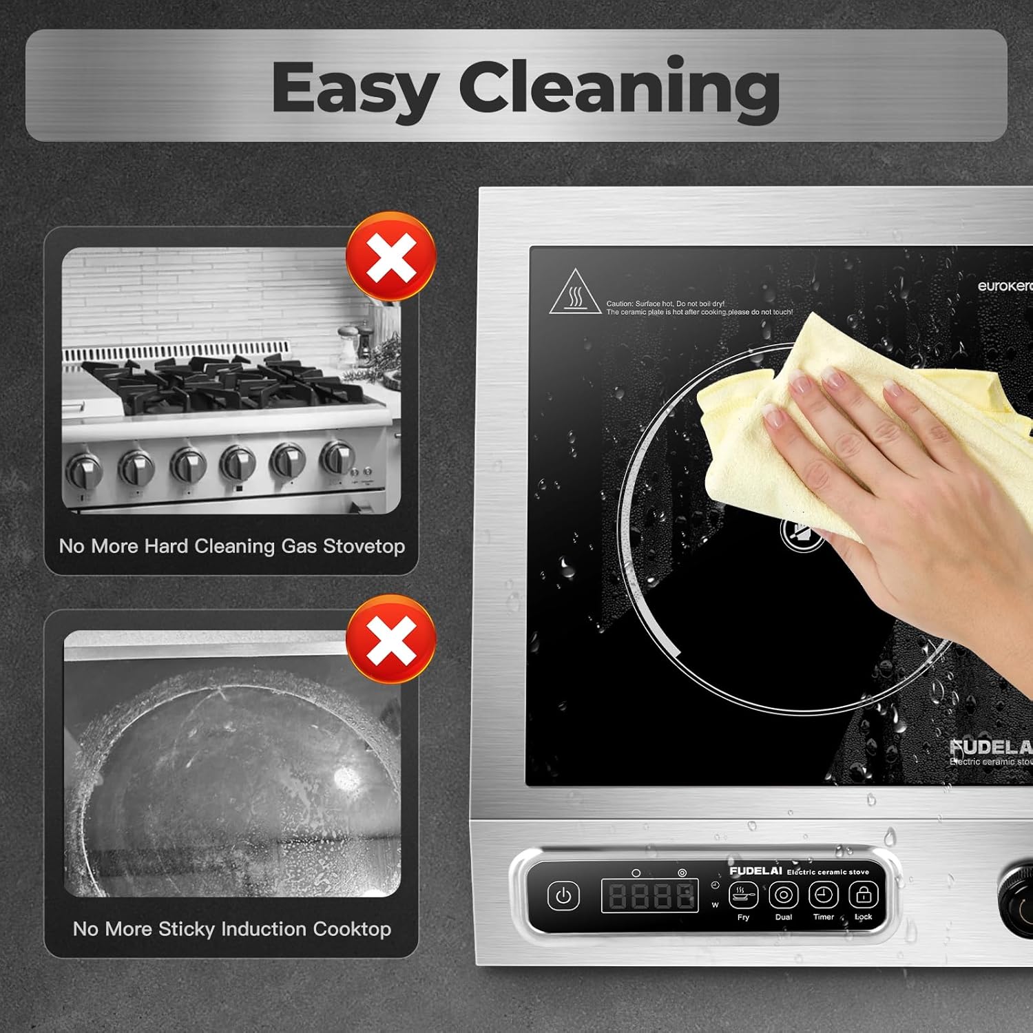 1800W Commercial Grade Electric Cooktop with 9 Power Levels - Infrared Electric Burner with EUROKERA Micro-Ceramic Panel, Timer, Safety Lock, for Restaurant, Home Kitchen Use