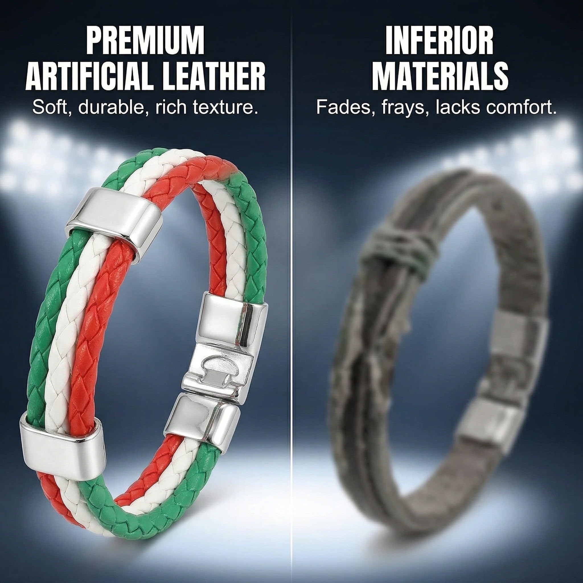Bracelets Italie Supporter Simili-Cuir Tressé Drapeau Italien Tricolore 22cm