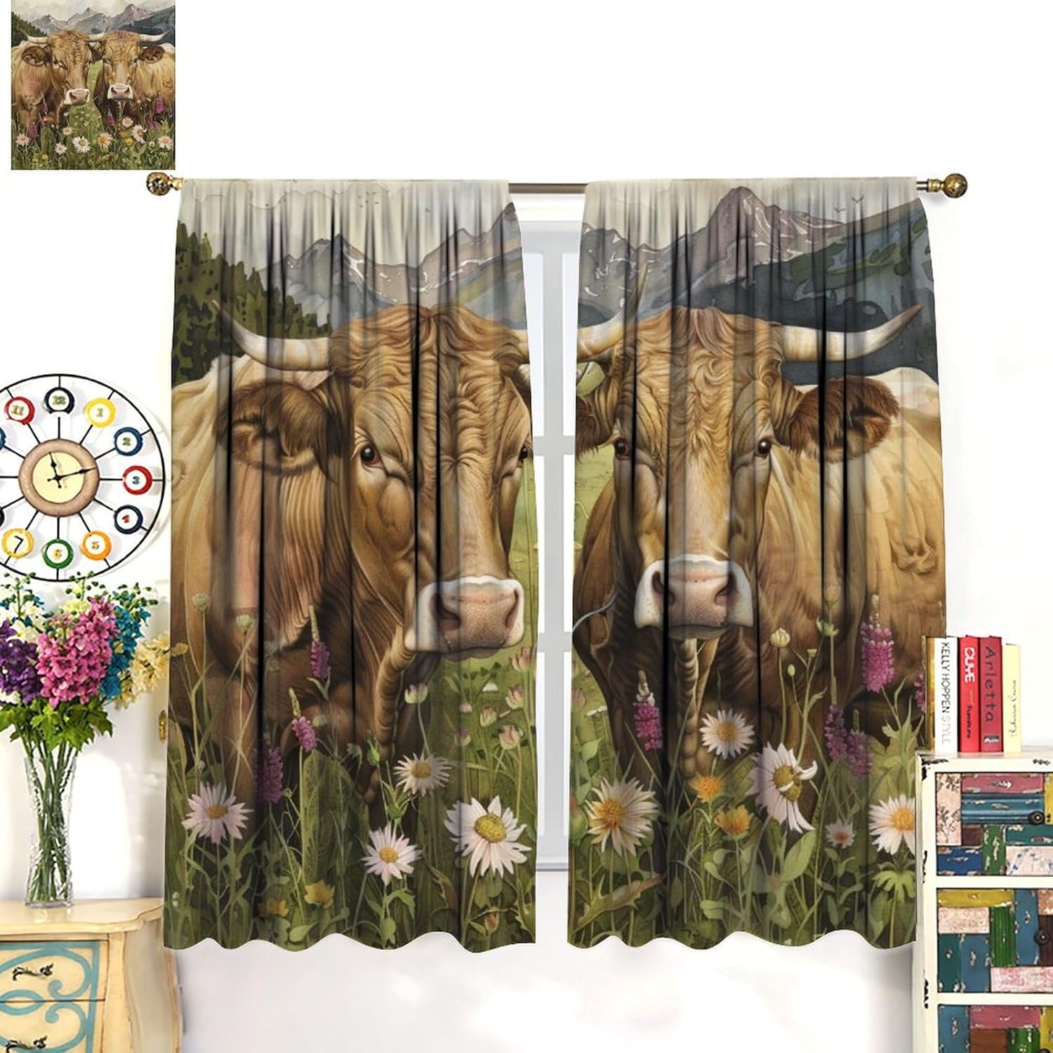Grassland Cow Daisy Blackout Curtains for Bedroom Living Room, Mountain Animal Cattle Floral Curtains Rod Pocket Thermal Insulated Window Drapes, 2 Panels/Each 21" W x 54" L
