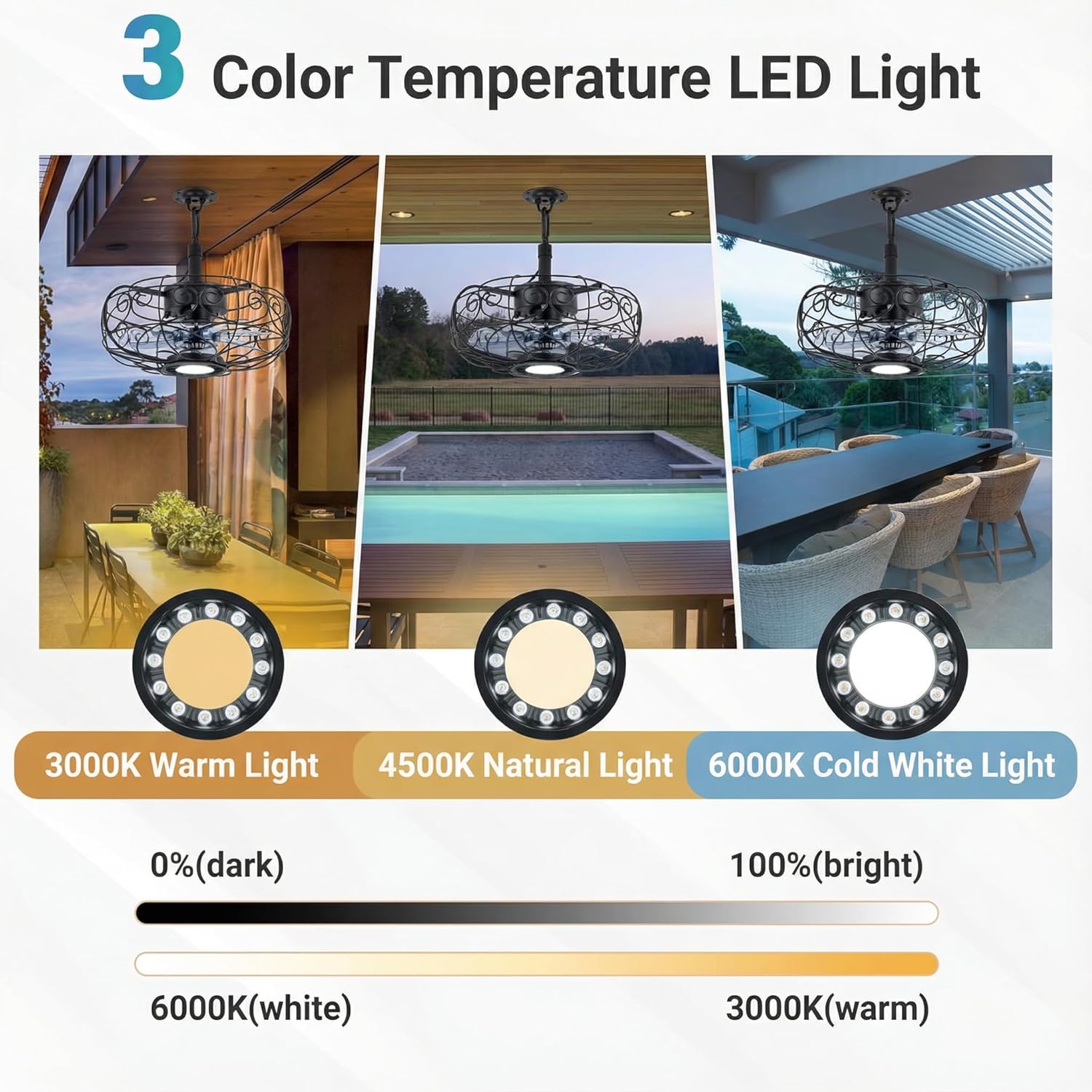 Outdoor Ceiling Fan with Light, 15" Plug in Gazebo Fans with Lights,APP/Remote,3 CCT,6 Speeds,Waterproof Hanging Fandelier for Patio Porch Pergola Outside (Black)