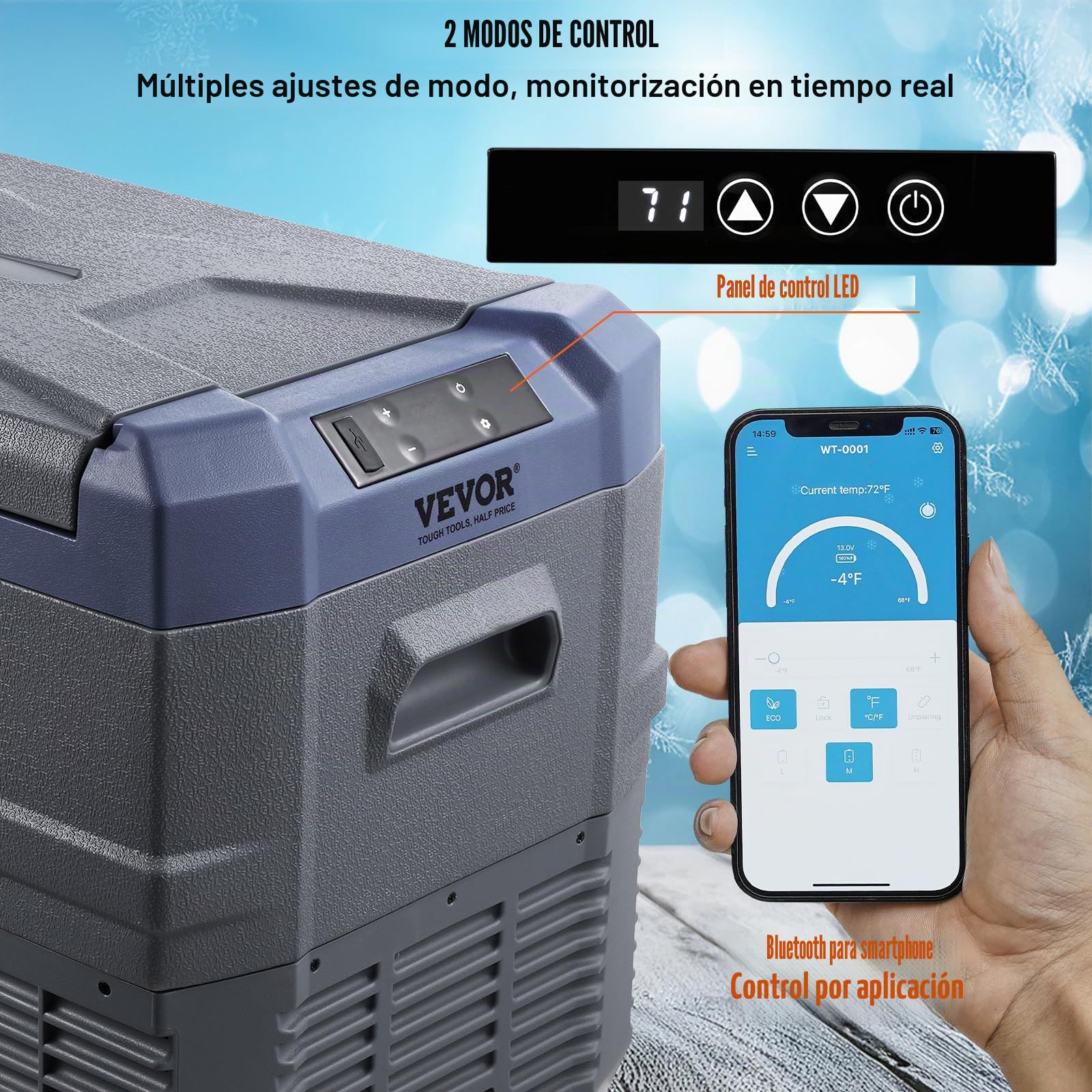 VEVOR Nevera de Compresión Portátil 37 L Mini Nevera para Coche 12/24V CC y 100-240V CA Caja Enfriadora de Zona Única Temperatura Ajustable de -20°C a 20°C para Camión Barco Casa 618 x 376 x 442 mm