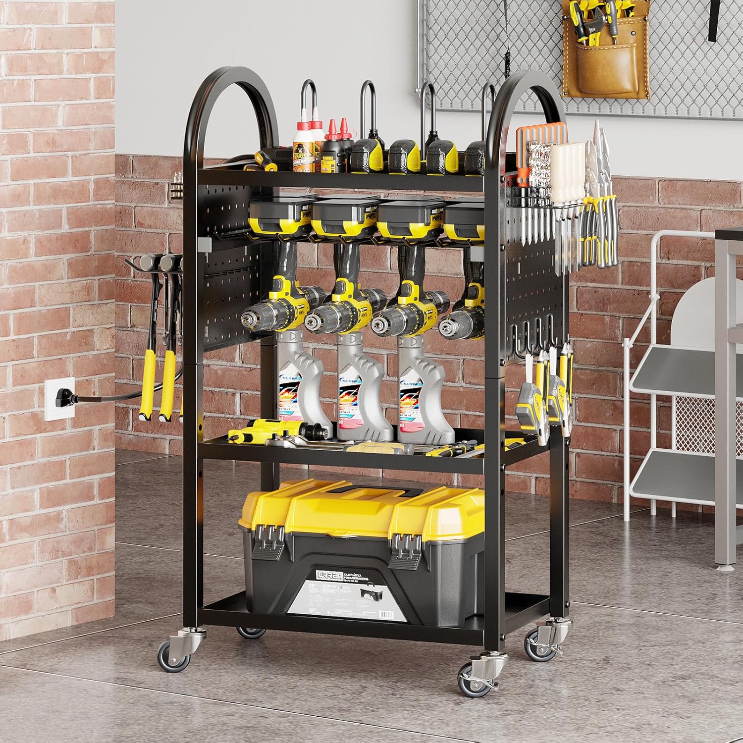 Warome Large Power Tool Organizer Cart with Charging Station, Rolling Utility Cart with 8-Outlet Movable Power Strip, Floor Standing Drill and Battery Holder,Tool Cart on Wheels for Garage Storage