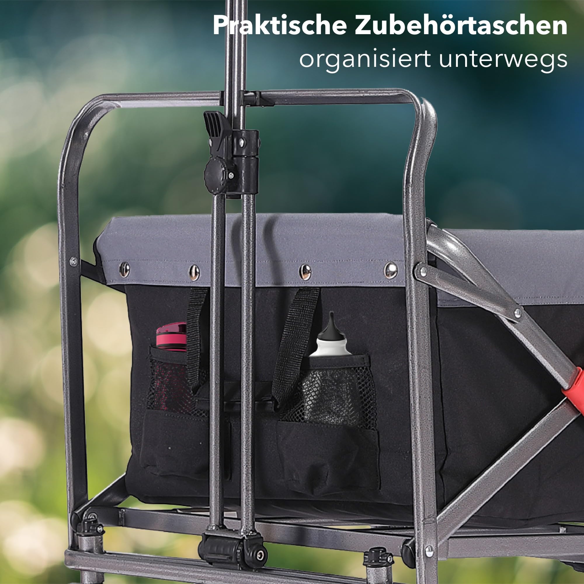 Arebos Bollerwagen faltbar | Transportkarre | Gerätewagen | Handwagen | Faltwagen | inkl. 2 Netztaschen | mit Vorderrad-Bremsen & Teleskopstange | klappbar | bis 100 kg Tragkraft | Grau
