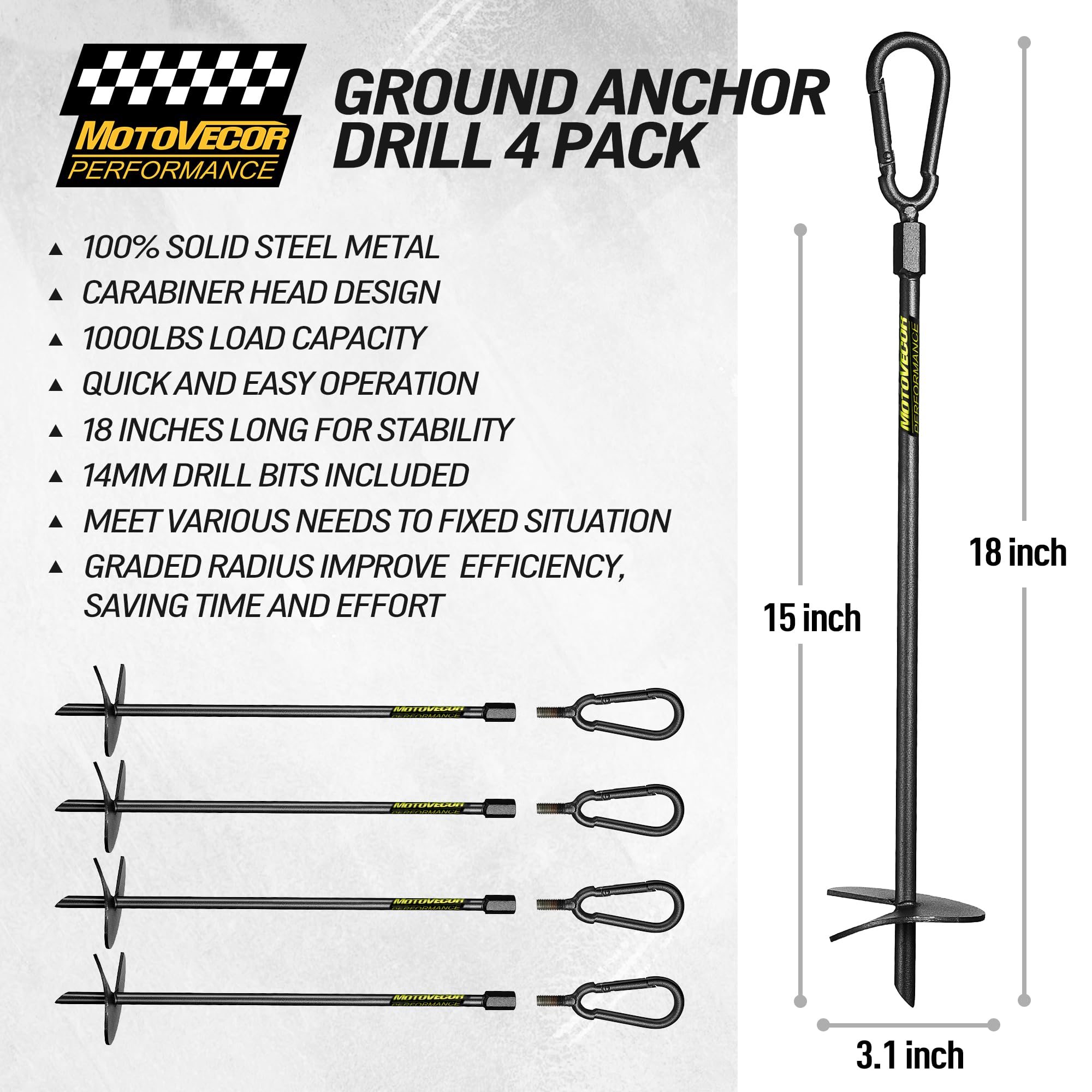 18” Ground Anchors Screw in(1000lbs), Heavy Duty Swing Set Anchors Forged from Tungsten Steel, Detachable Carabiner Design, High Wind Trampoline Stakes for Tents, Trees, Canopies, Sheds Gazebos-4 PCS 4