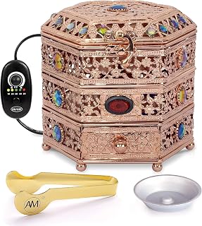 AM Electric Incense Bakhoor Burner - Frankincense Burner | Agarwood | Oud | Powder Incense Kit | quemador de incienso | with Adjustable Timer & Storage Drawer (Rose Gold)
