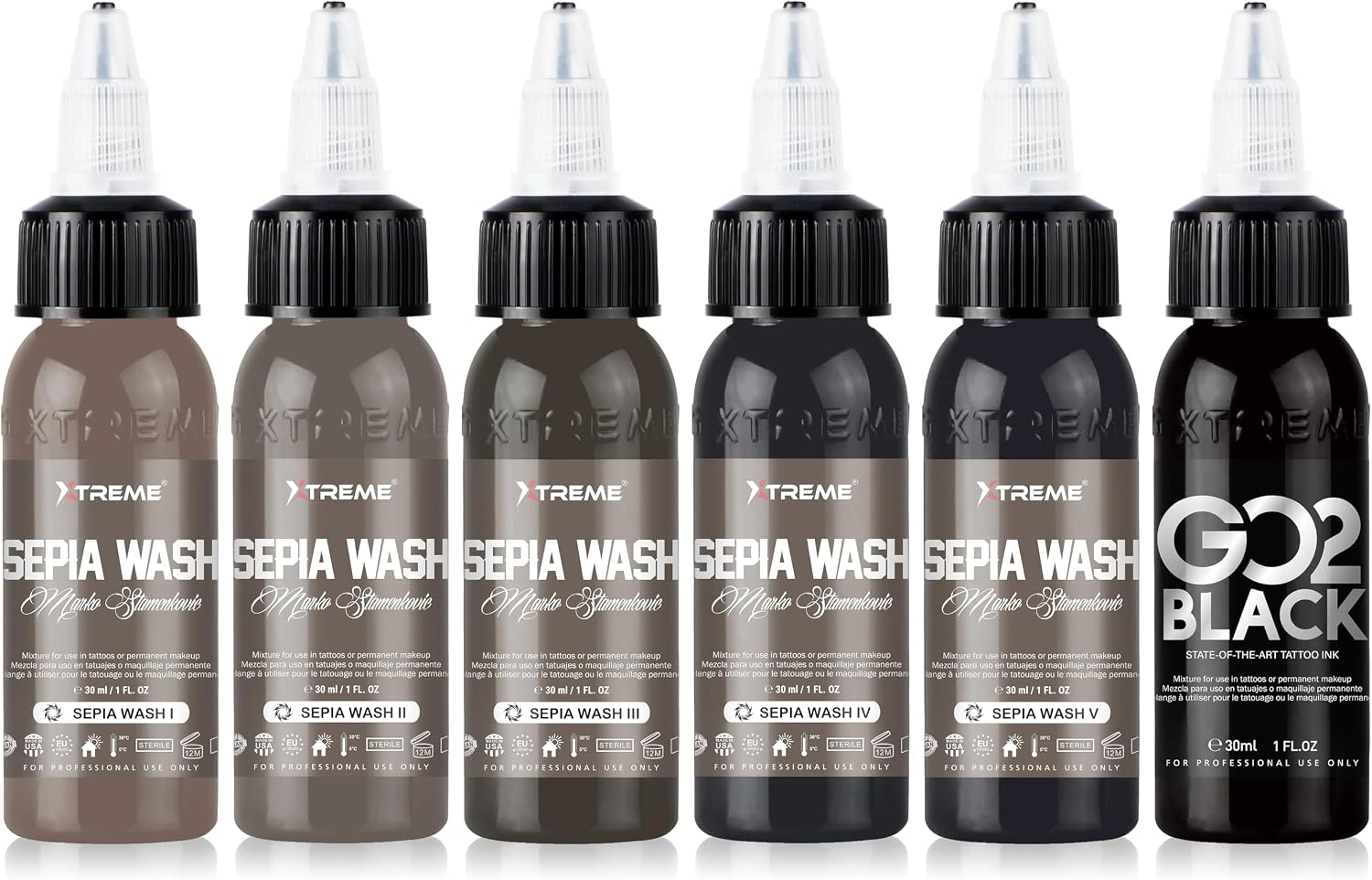 Xtreme Inks Sepia Wash Set – Complete Warm-Tone Ink Wash Kit for Tattoo Artists with Multiple Sepia Shades & Black Base for Smooth Shading, Contrast Control, and Natural Tonal Depth (1 oz, Set of 6)