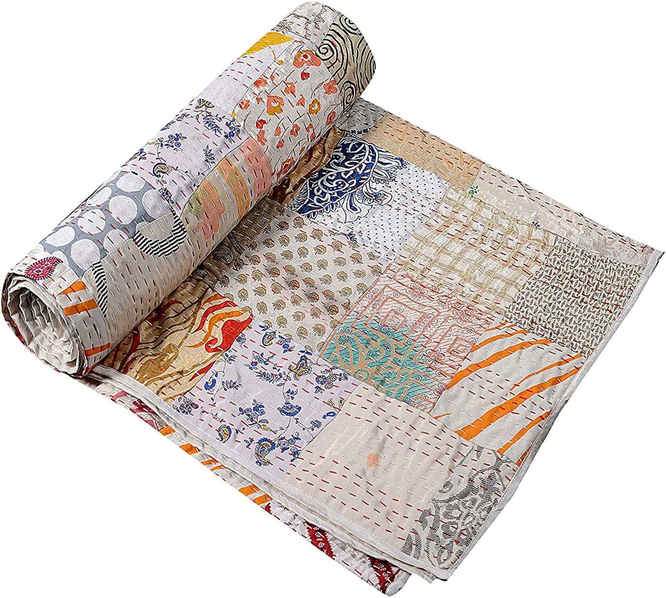 Rajasthaniartdecor Indian Handmade Vintage Silk Sari Patola Ethnic Reversible Blanket Bedspread Throw Stitch Patchwork Kantha Quilt (White, Single 60x90 Inch)