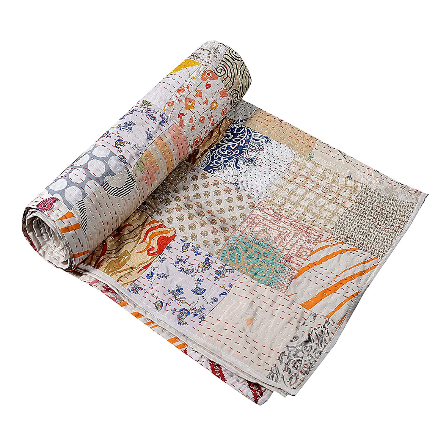 Rajasthaniartdecor Indian Handmade Vintage Silk Sari Patola Ethnic Reversible Blanket Bedspread Throw Stitch Patchwork Kantha Quilt (White, King 90x108 Inch)