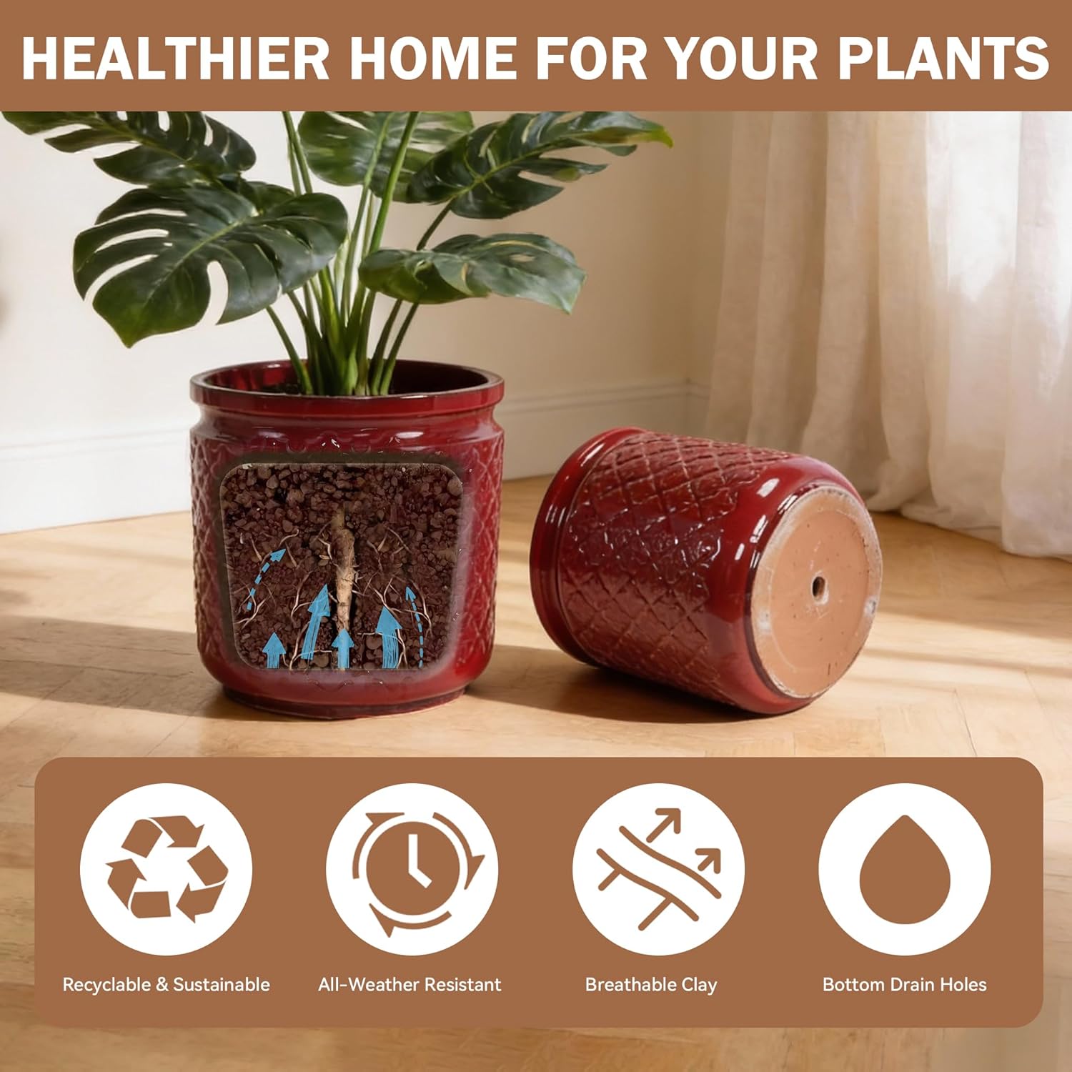 Ceramic Planters Set of 3, 15/12/9 in Indoor & Outdoor Large Plant Pots with Drainage Hole, Handmade Glaze Embossed Decorative Flower Pots for Indoor Plants, Patio, Garden, Bean Paste Red