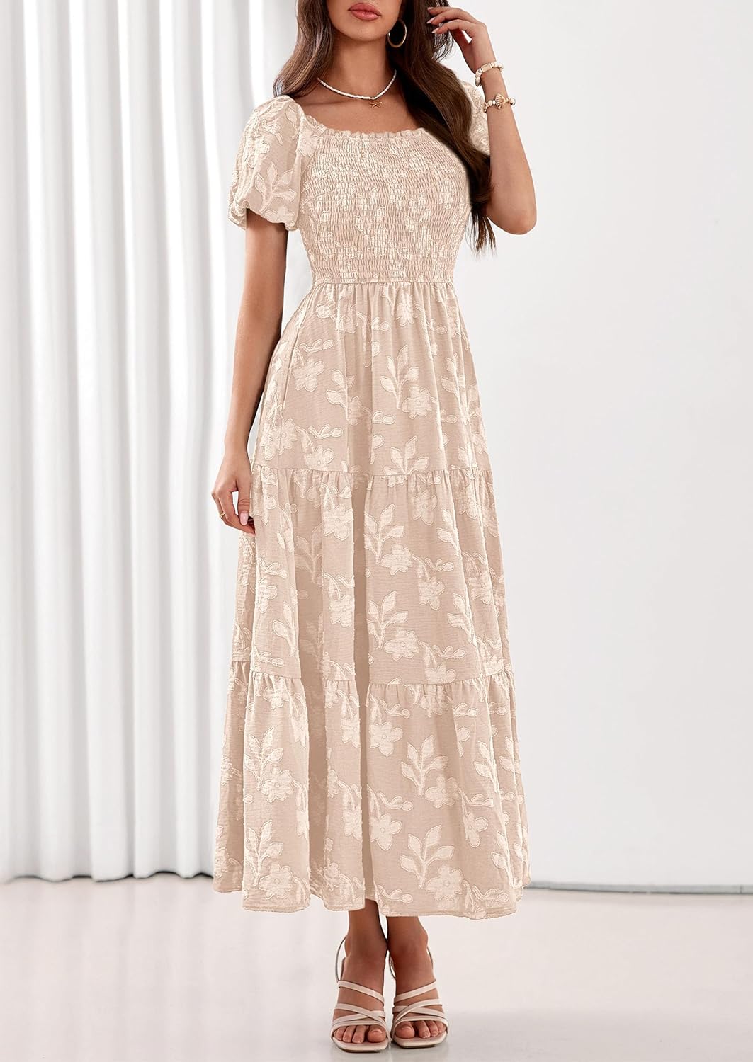 PRETTYGARDEN Women's 2026 Summer Boho Maxi Dresses Floral Short Sleeve Square Neck Smocked Flowy Long Dress Vacation Outfits - Image 7