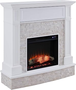 SEI Furniture - Jacksdale Touch Screen Electric Media Fireplace with Faux Stone - Transitional Design, White Glass and Wood - Ideal for Living Room, Bedroom FR9365