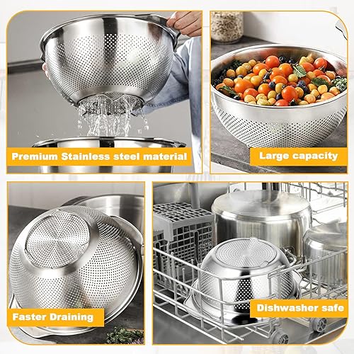 Miniatura 4 de 3 Pcs Stainless Steel Colander Strainer Set Metal Colander for Kitchen Pasta Strainer for Rice Food Fruits Spaghetti Vegetables (2QT, 3QT, 5QT)