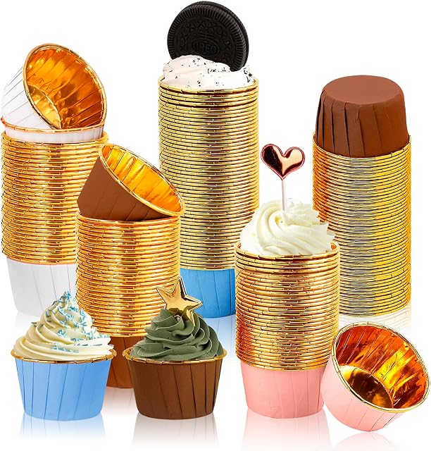 Lighterday 200Pcs Cupcake Cases 4 Colors Mixed Muffin Cases for Baking Greaseproof Foil Baking Cups,Muffin Cases for Weddings Birthdays Party (White/Coffee/Pink/Blue)