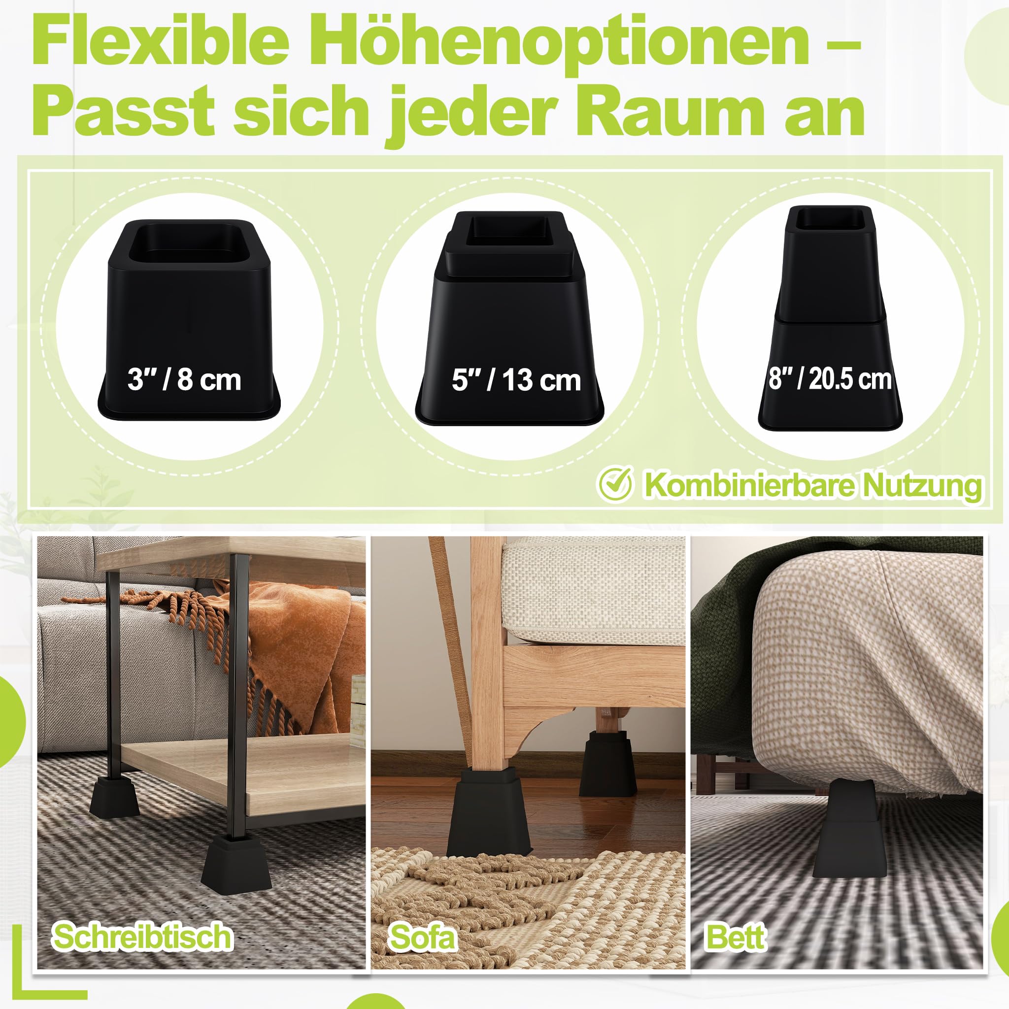 UISEBRT Lot de 8 rehausseurs de meubles carrés (10 cm + 15 cm de hauteur), rehausseurs de meubles pour lit, table, canapé et chaise, rehausseur de table, pieds et rehausseurs de lit, extension de pied