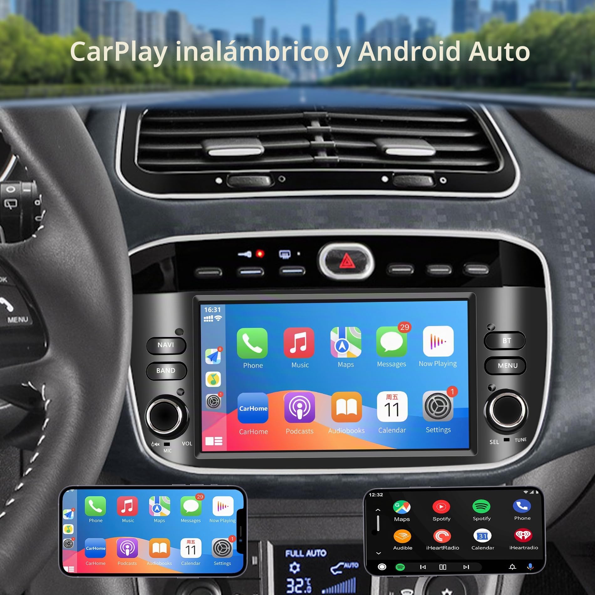 Radio de Coche Fiat Punto (2010-2016) / Linea (2012-2015) Wireless CarPlay&Android Auto Stereo Auto Bluetooth 7 con Pantalla para Táctil con FM/GPS/SWC/Mirror Link (Lling-Fiat Punto)