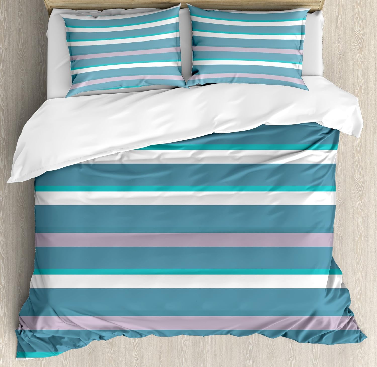 Ambesonne Striped Duvet Cover Set, Turquoise Dark Teal Stripes Thick and Thin Lines with Aqua Colors Pattern Art Print, Decorative 3 Piece Bedding Set with 2 Pillow Shams, Queen Size, Teal White